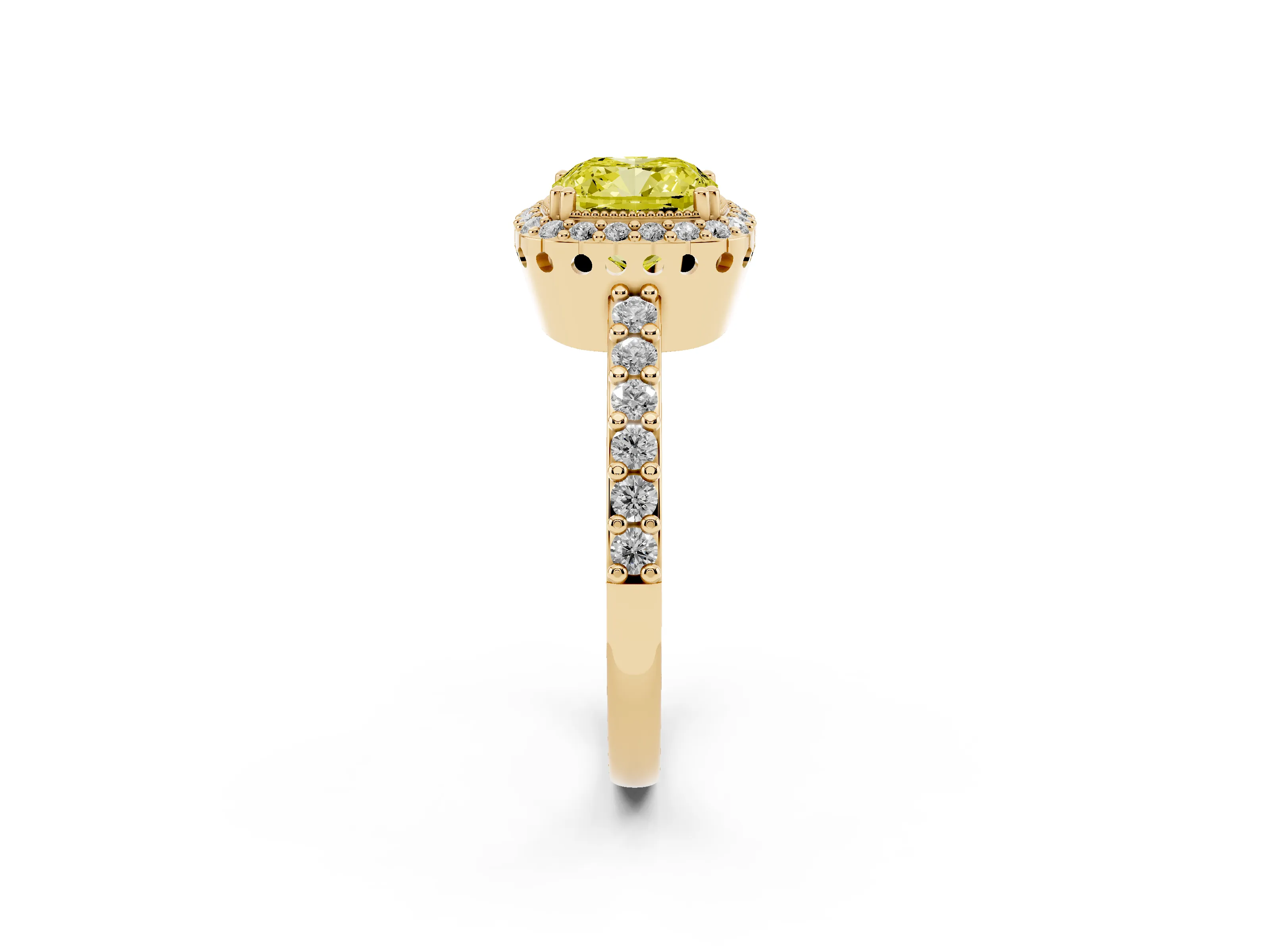 Fancy Yellow Cushion Cut Diamond Halo Engagement Ring Set in Yellow gold with Milgrain Detail and Pavé Band