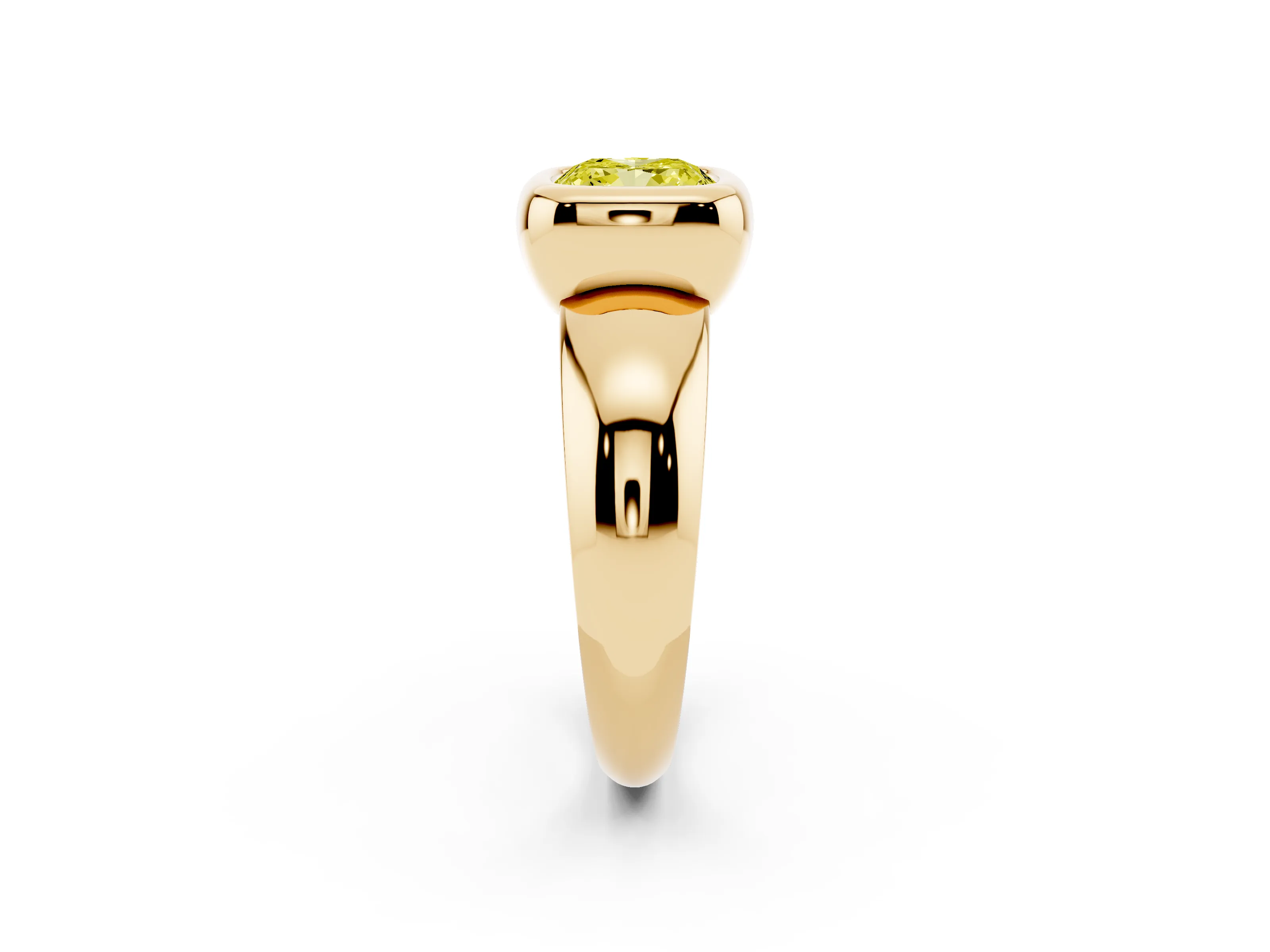 Fancy Yellow Bezel Set Cushion Cut Diamond Solitaire Ring Set in Yellow gold with Wide Band