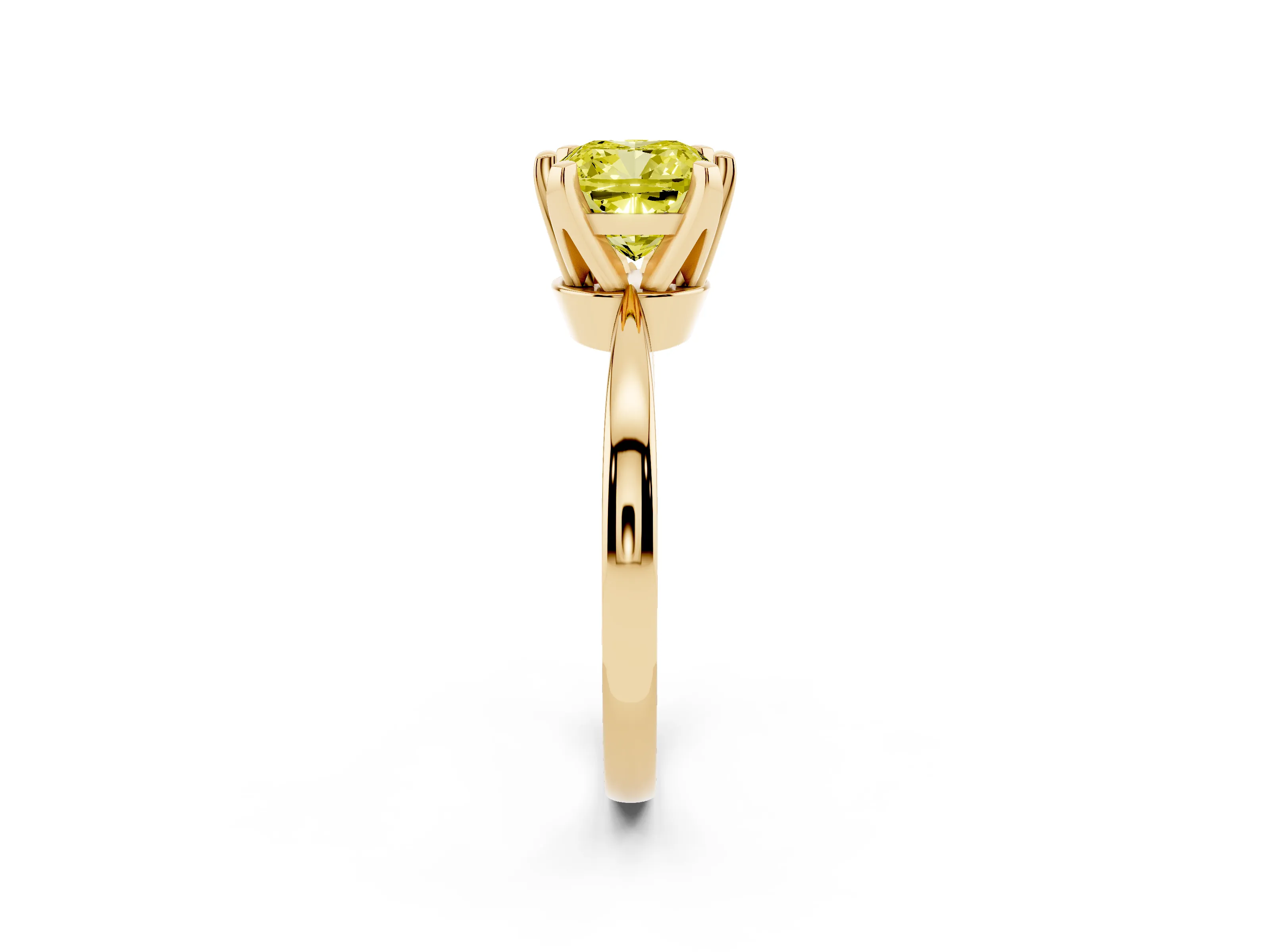 Fancy Yellow Cushion Cut Diamond Solitaire Engagement Ring Set in Yellow gold with Slim Tapered Solitaire Band
