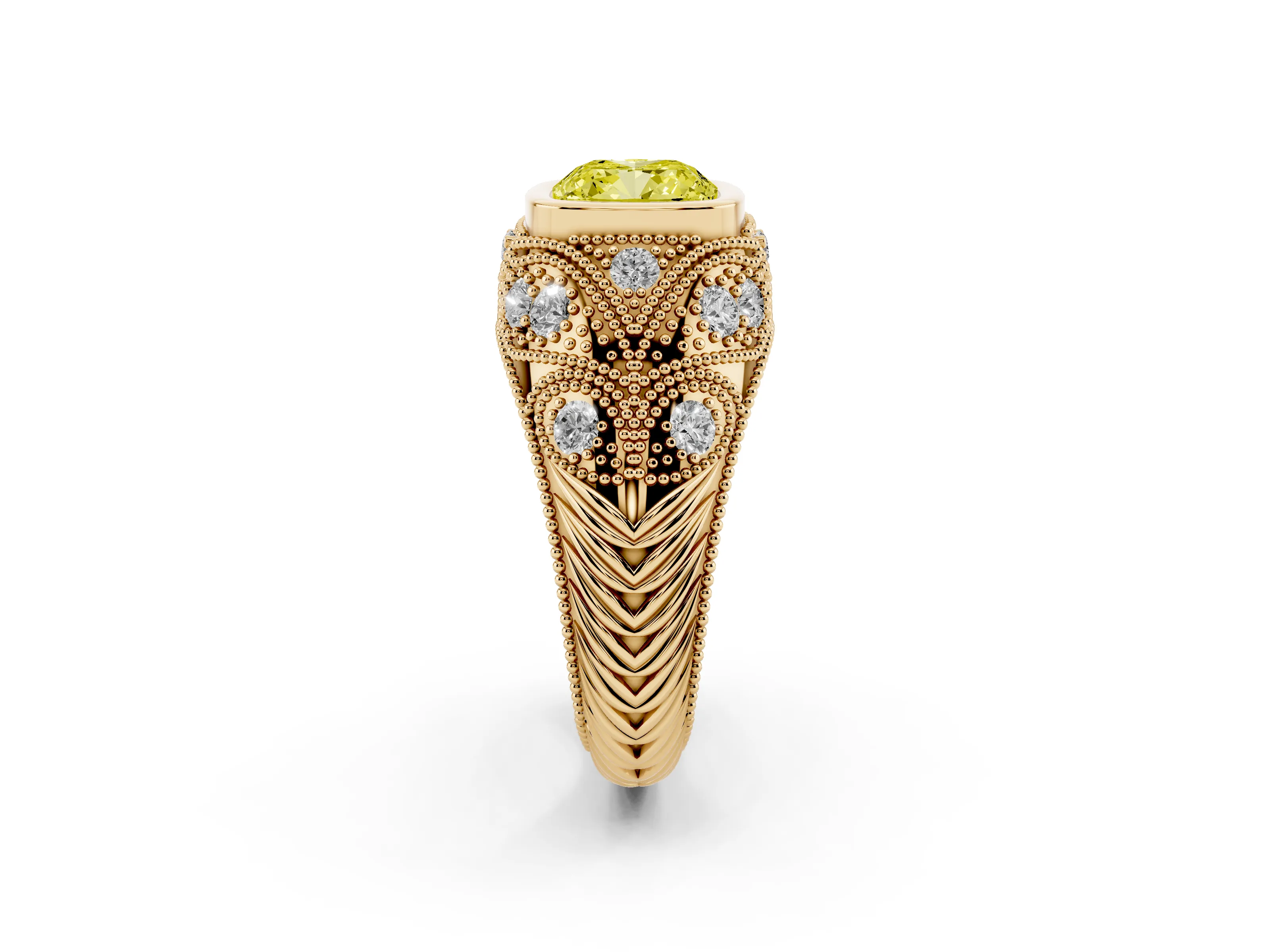 Fancy Yellow Cushion Cut Diamond Bezel Ring Set in Yellow gold with Milgrain Accent Band