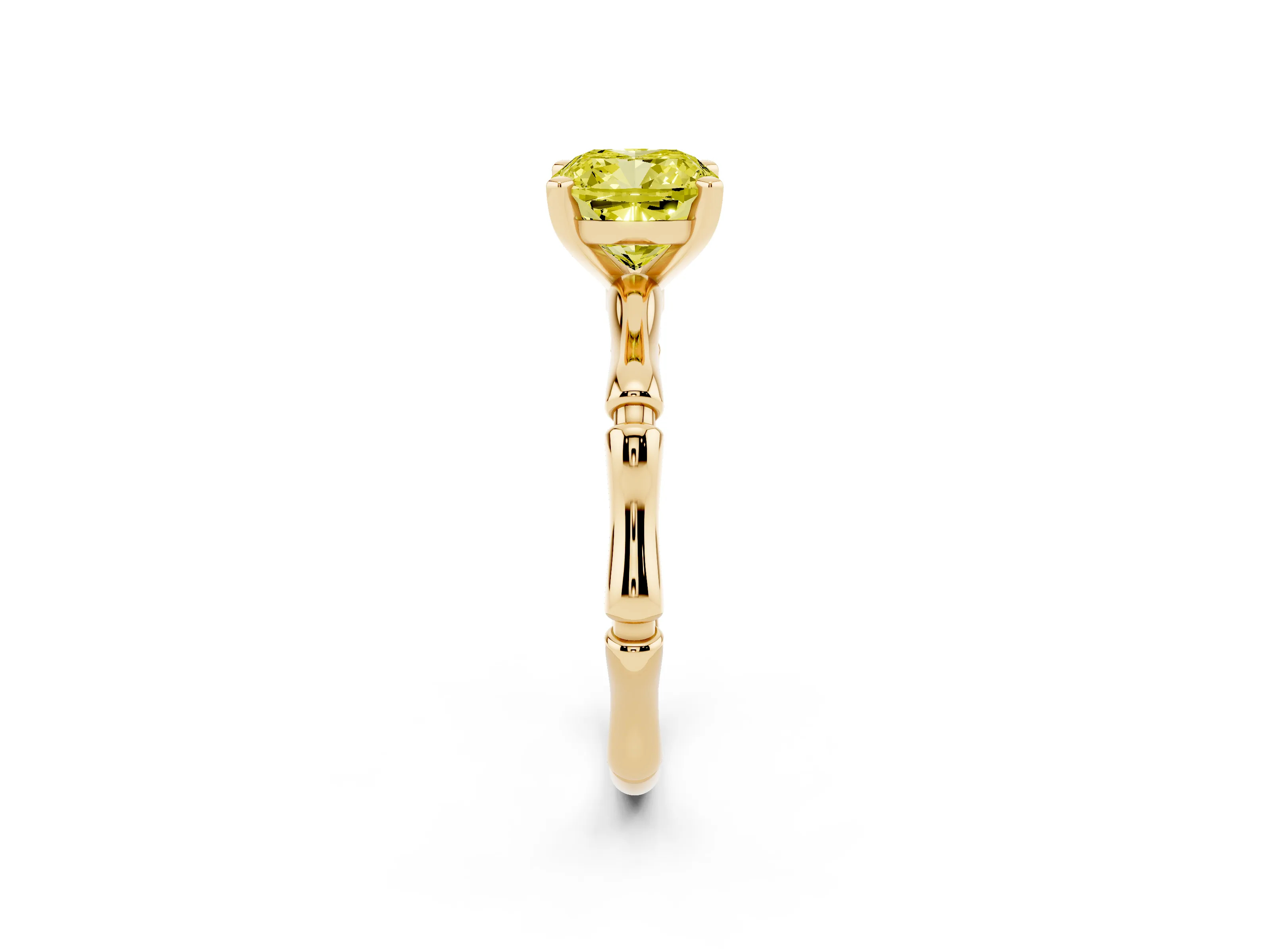Fancy Yellow Cushion Cut Diamond Solitaire Ring Set in Yellow gold with Bamboo Band and Prong Setting