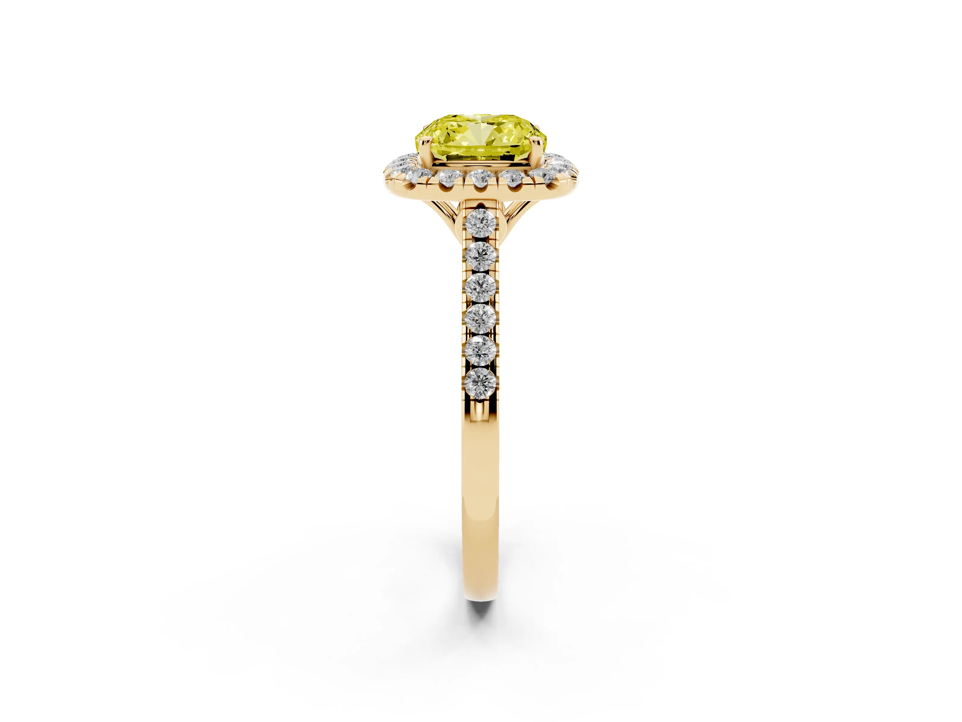 Fancy Yellow Cushion Cut Diamond Pavé Halo Engagement Ring Set in Yellow gold with Pavé Band and Prong Setting