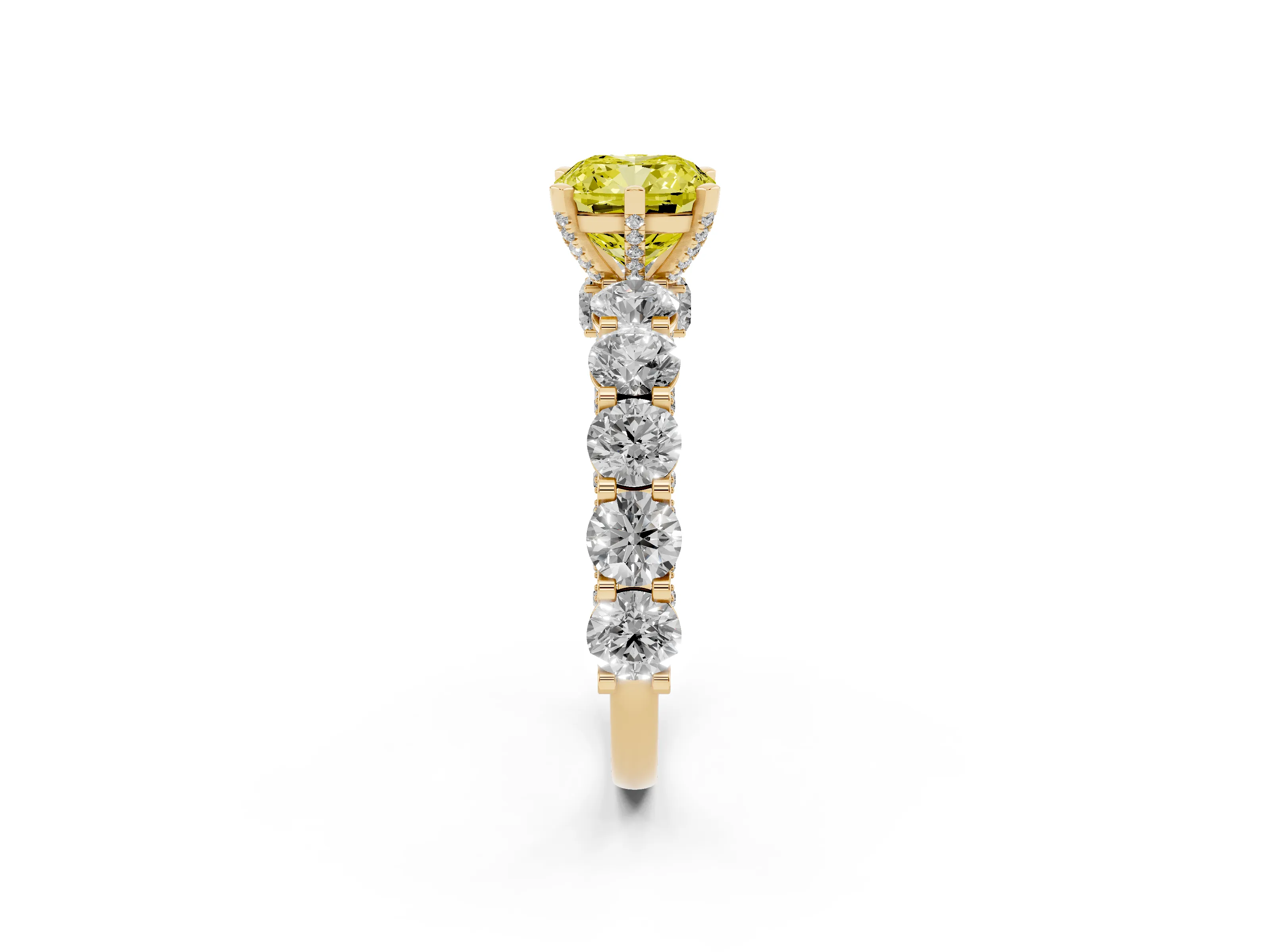 Fancy Yellow Cushion Cut Diamond Side Stone Ring Set in Yellow gold with Alternating Round and Oval Side Stones