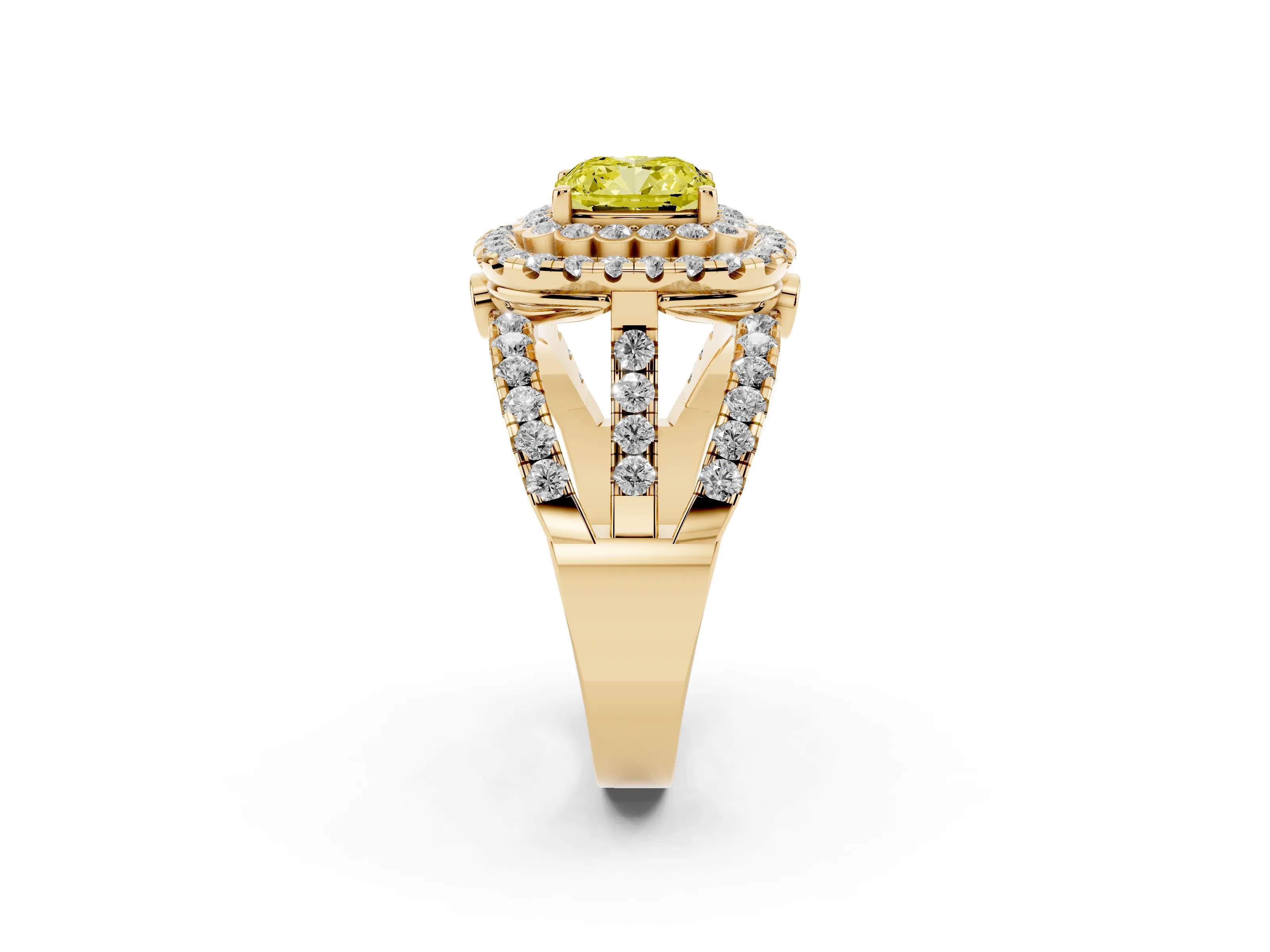 Fancy Yellow Cushion Cut Diamond Double Halo Ring Set in Yellow gold with Round Pavé Split Shank