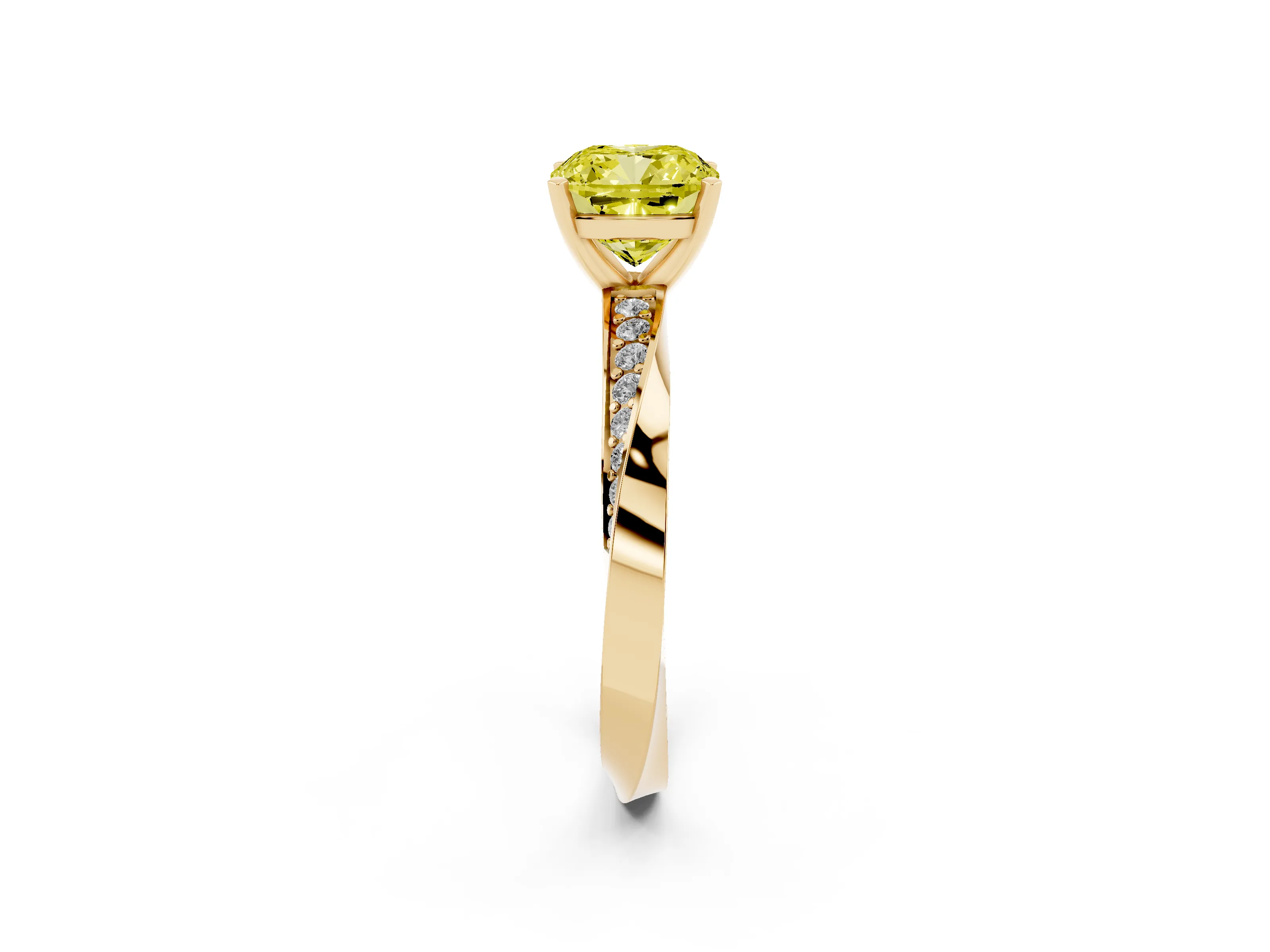Fancy Yellow Cushion Cut Diamond Engagement Ring Set in Yellow gold with Side Stone Accents and Prong Setting