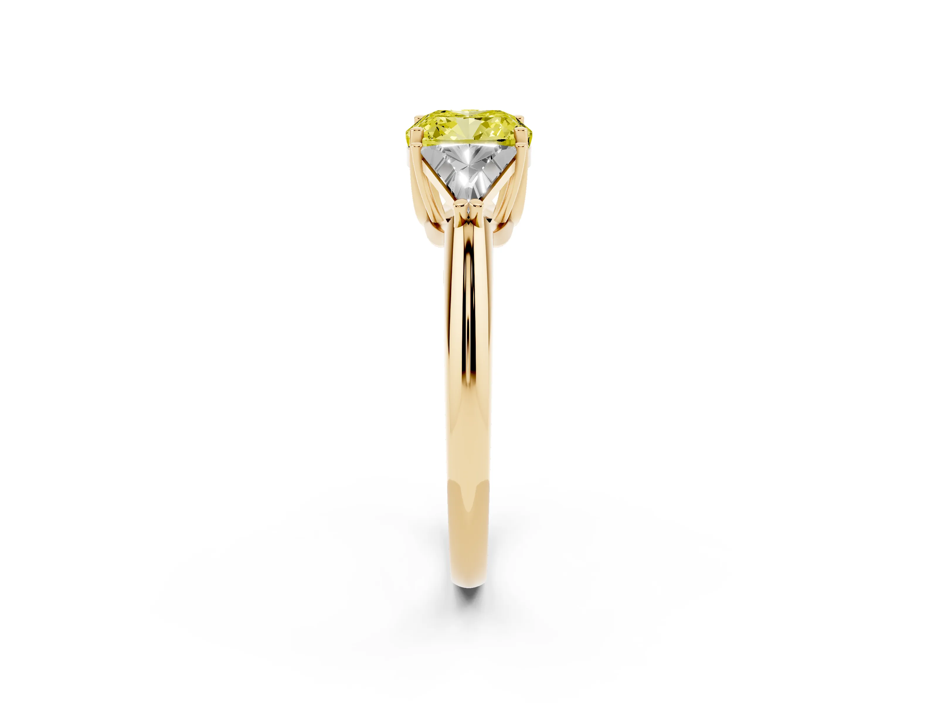 Fancy Yellow Cushion Cut Diamond Three-Stone Engagement Ring Set in Yellow gold with Trillion Side Stones