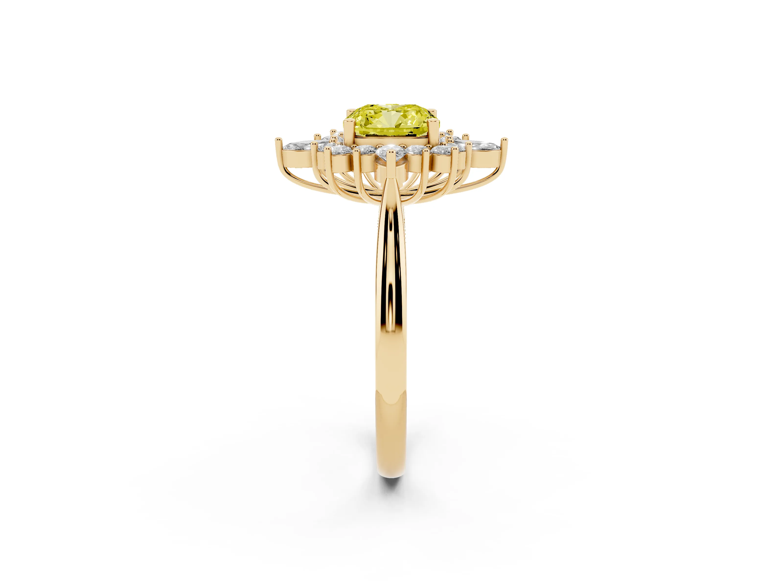 Fancy Yellow Cushion Cut Diamond Cluster Halo Ring Set in Yellow gold with Marquise and Round Accents