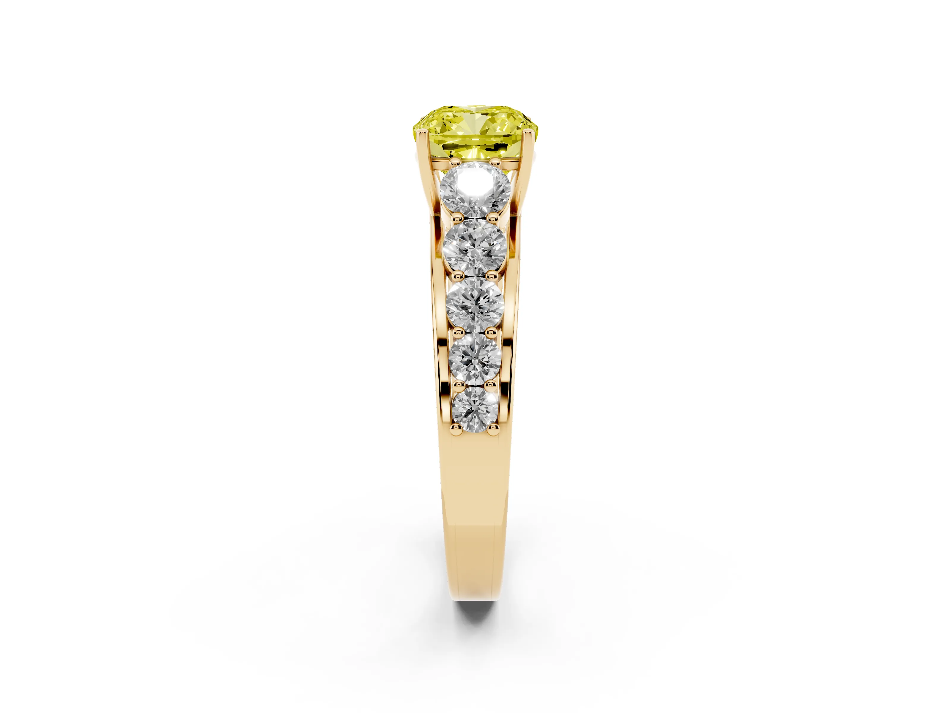 Fancy Yellow Cushion Cut Diamond Solitaire Ring Set in Yellow gold with Pavé-Set Band and Prong Setting
