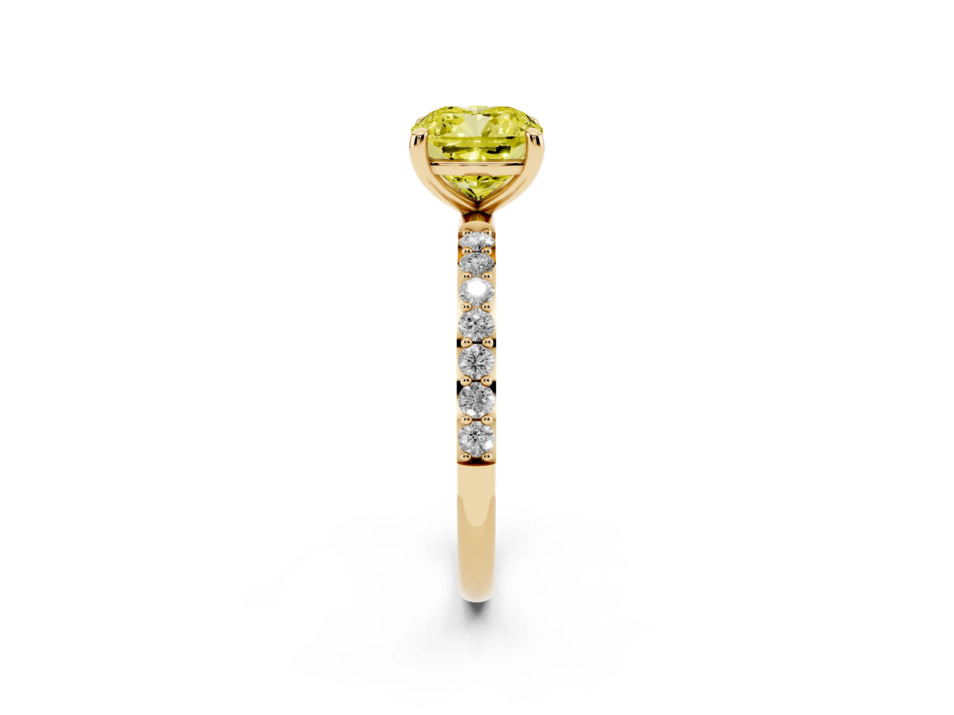 Fancy Yellow Cushion Cut Diamond Solitaire Ring Set in Yellow gold with Round Pavé Band and Prong Setting