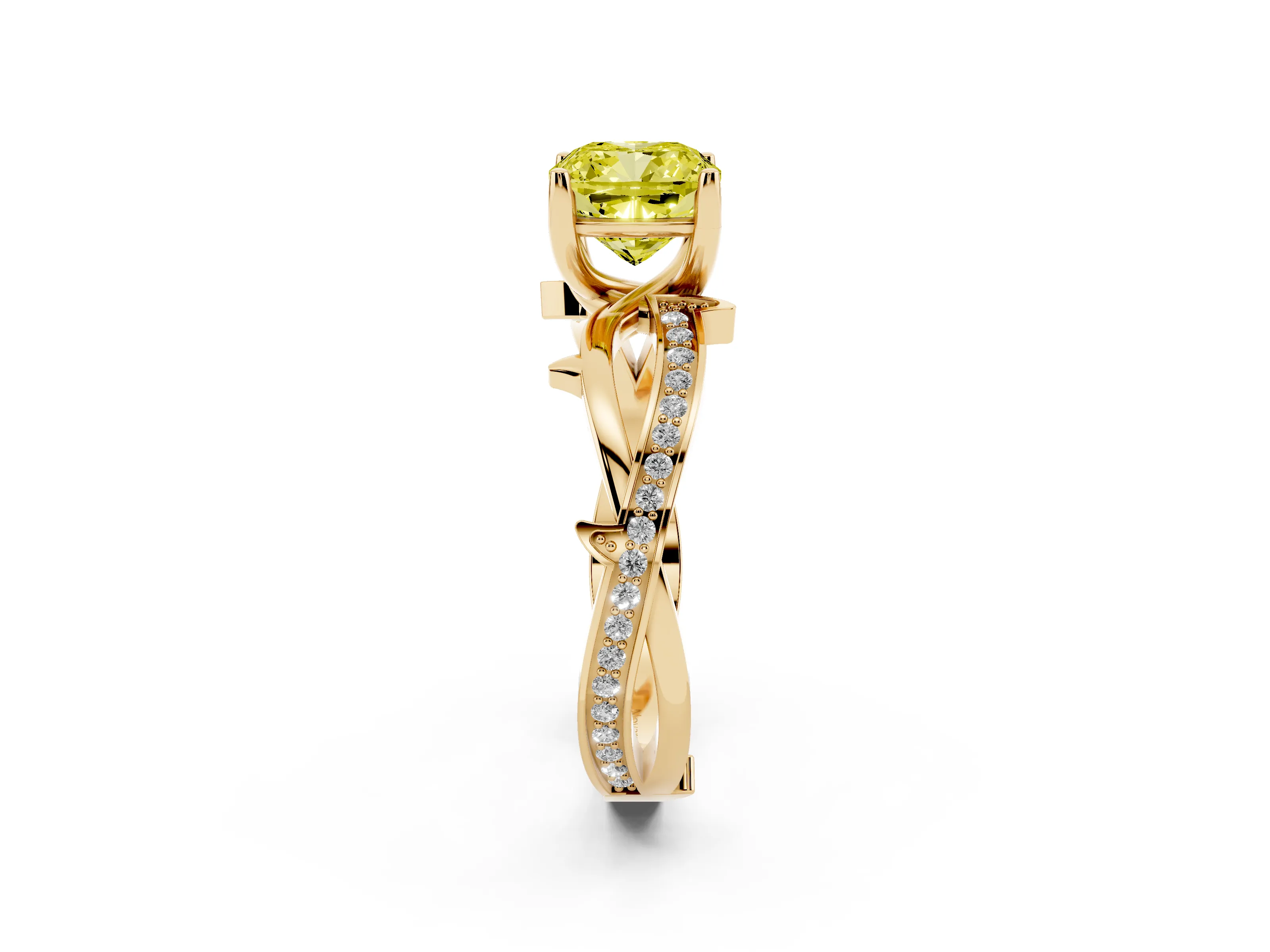 Fancy Yellow Cushion Cut Diamond Pavé Twist Band Solitaire Ring Set in Yellow gold with Prong Setting