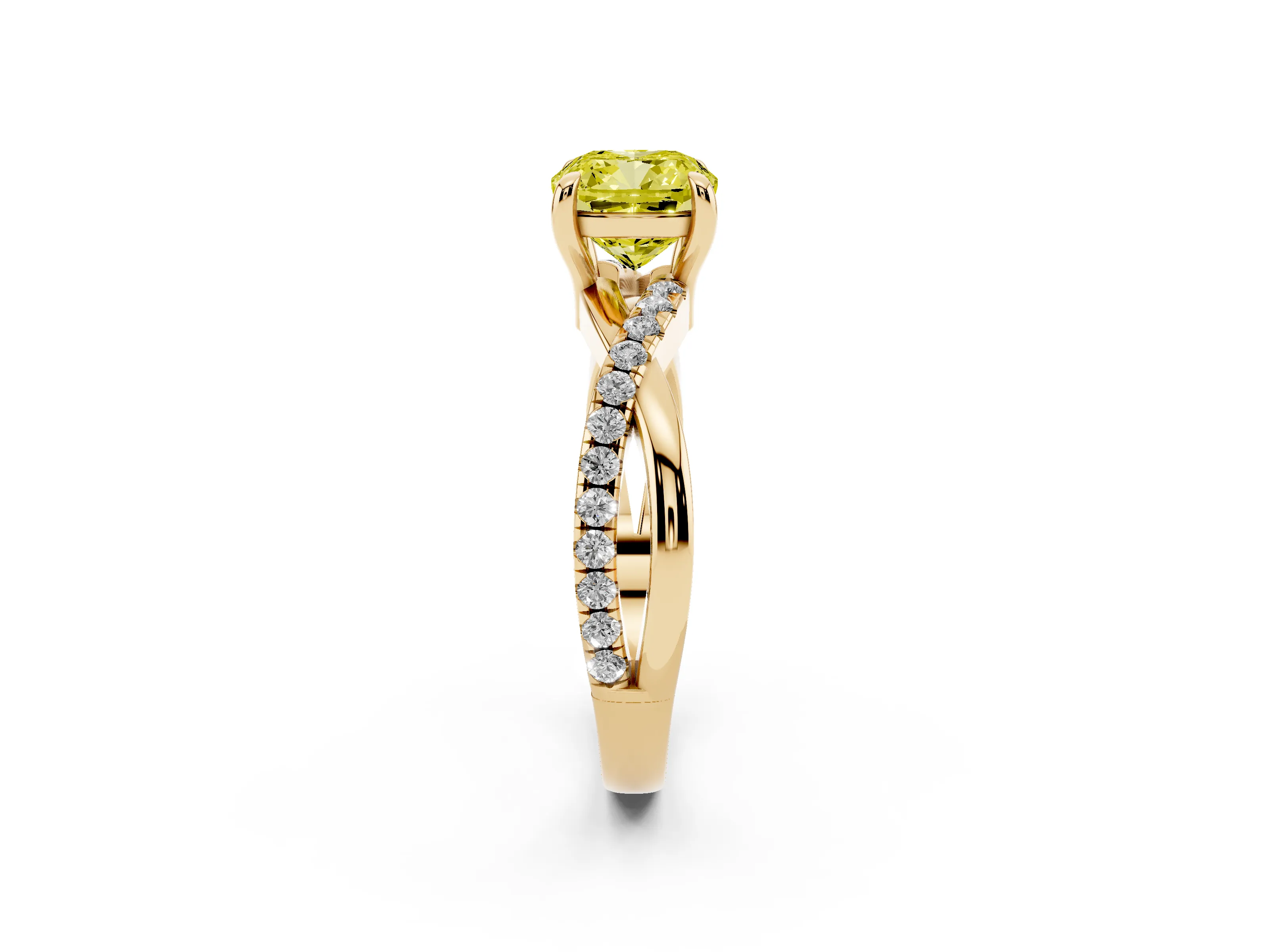 Fancy Yellow Cushion Cut Diamond Twist Band Pavé Solitaire Ring Set in Yellow gold with Prong Setting