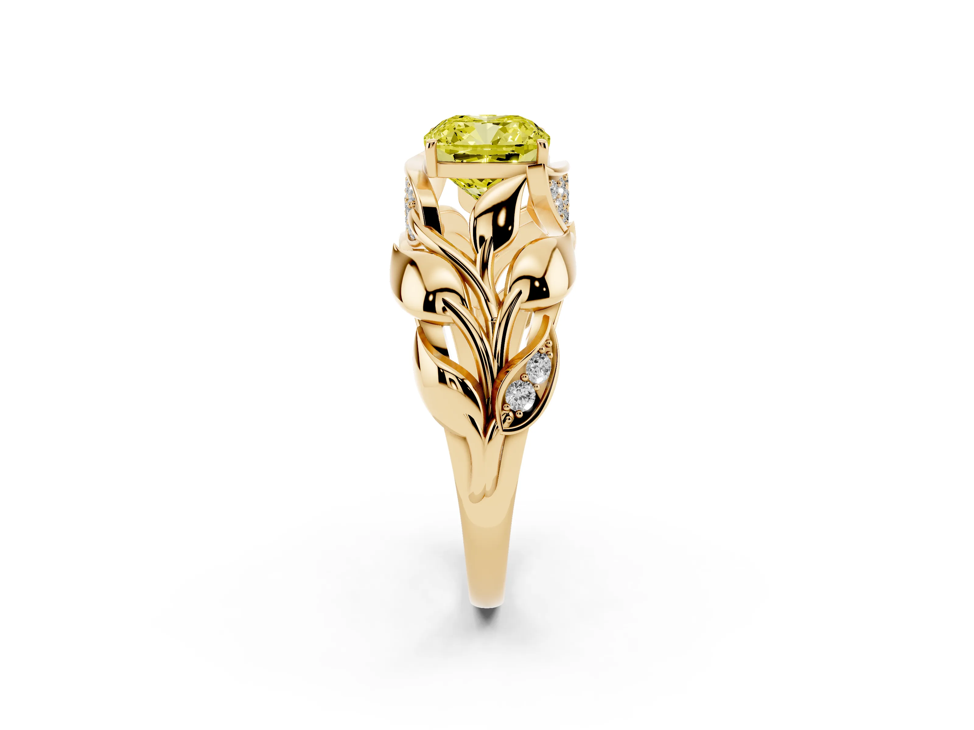 Fancy Yellow Cushion Cut Diamond Leaf-Inspired Engagement Ring Set in Yellow gold with Round Accents