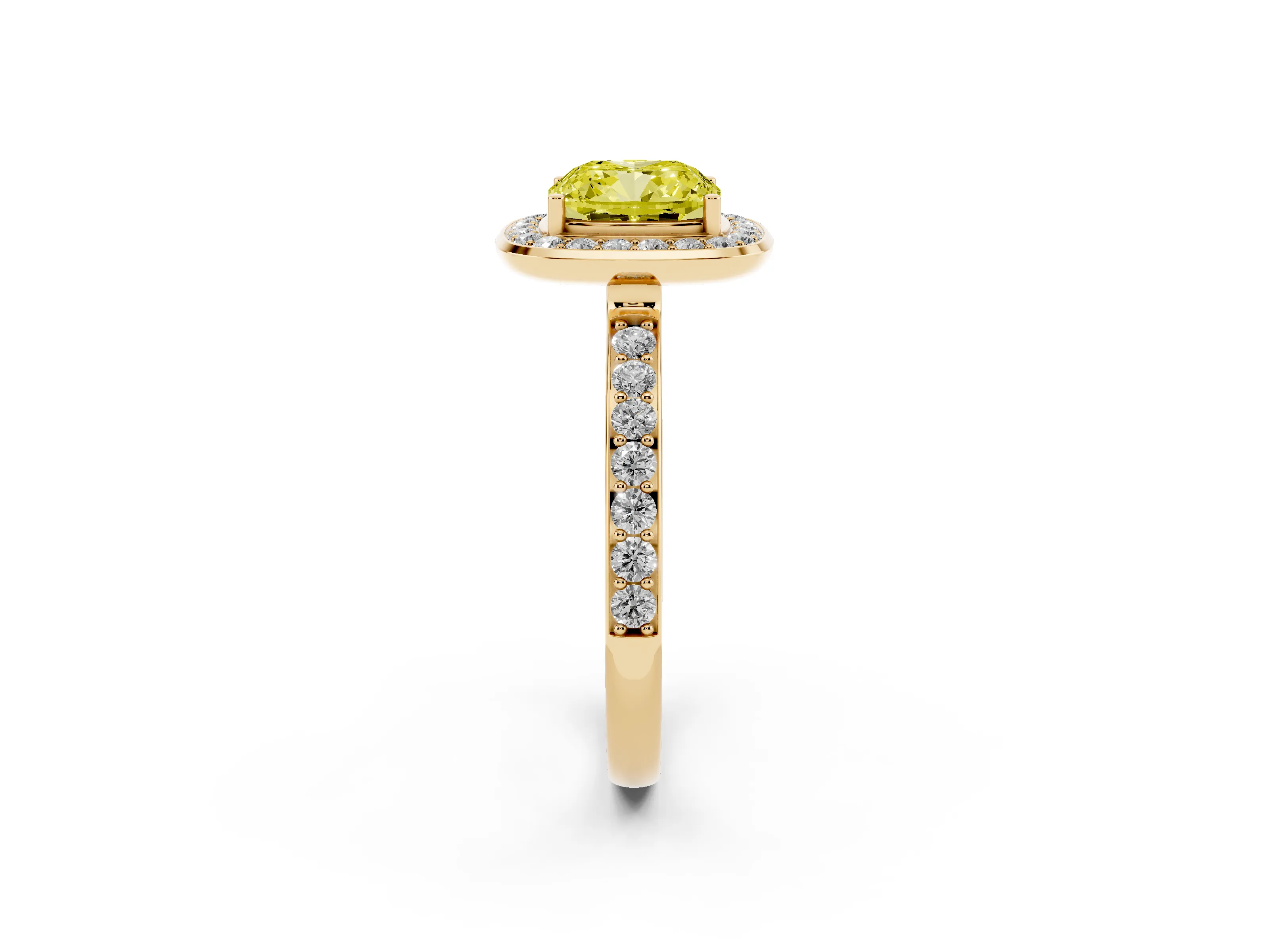 Fancy Yellow Cushion Cut Diamond Halo Ring Set in Yellow gold with Bezel Frame and Pavé Band