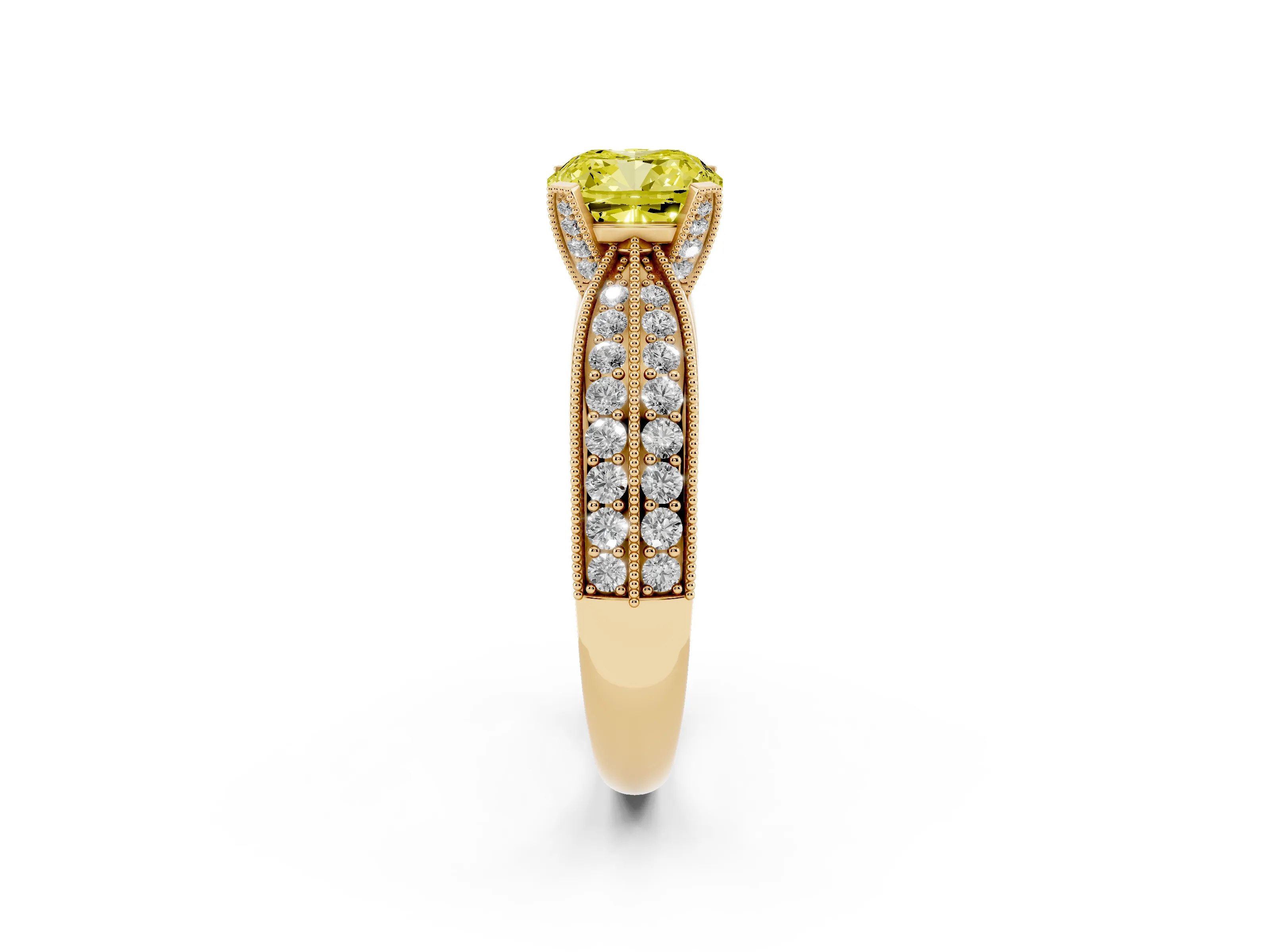 Fancy Yellow Cushion Cut Diamond Solitaire Ring Set in Yellow gold with Milgrain Double Row Round Pavé Band