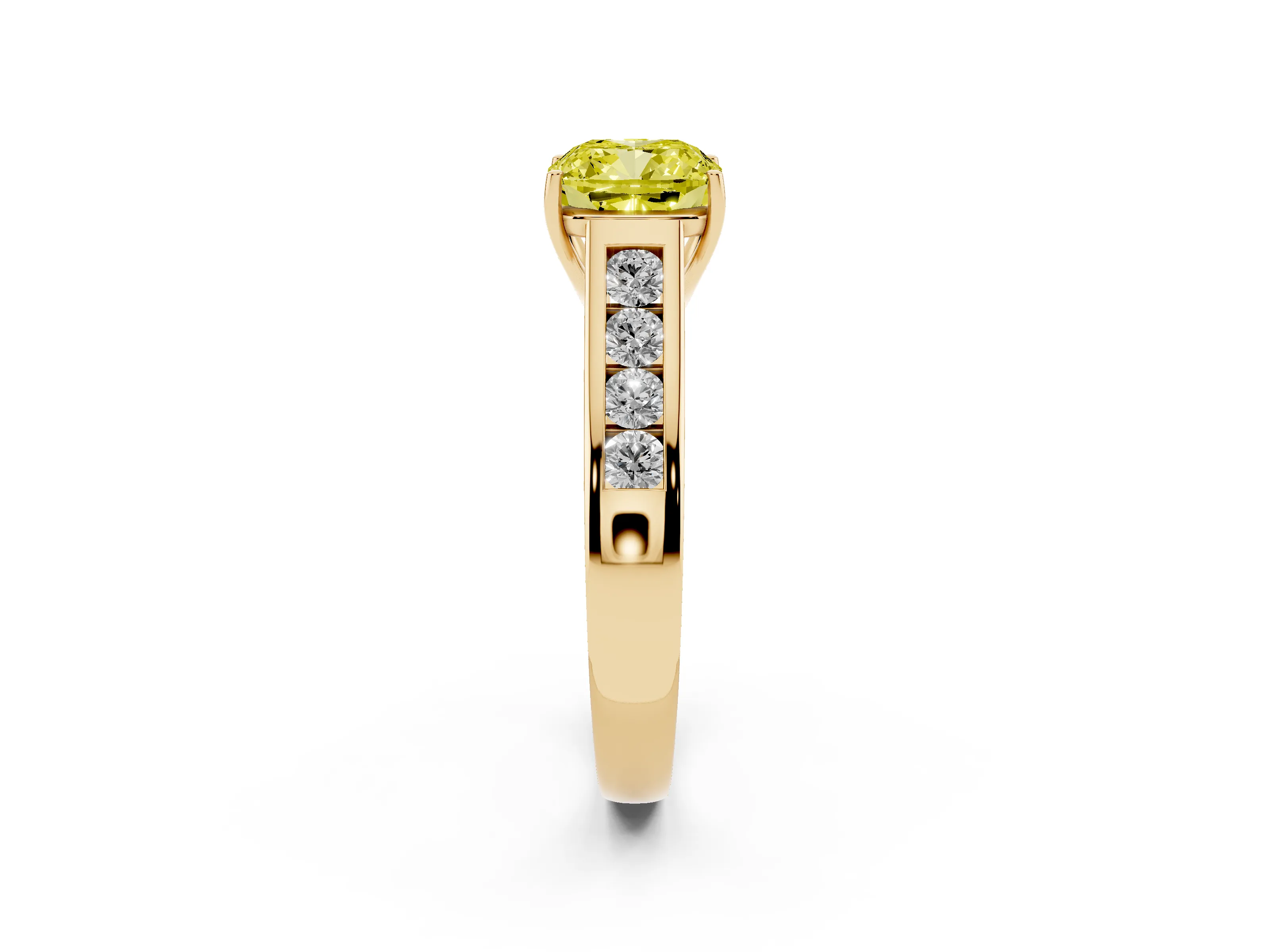 Fancy Yellow Cushion Cut Diamond Brilliant Channel-Set Solitaire Ring Set in Yellow gold with Prong Setting