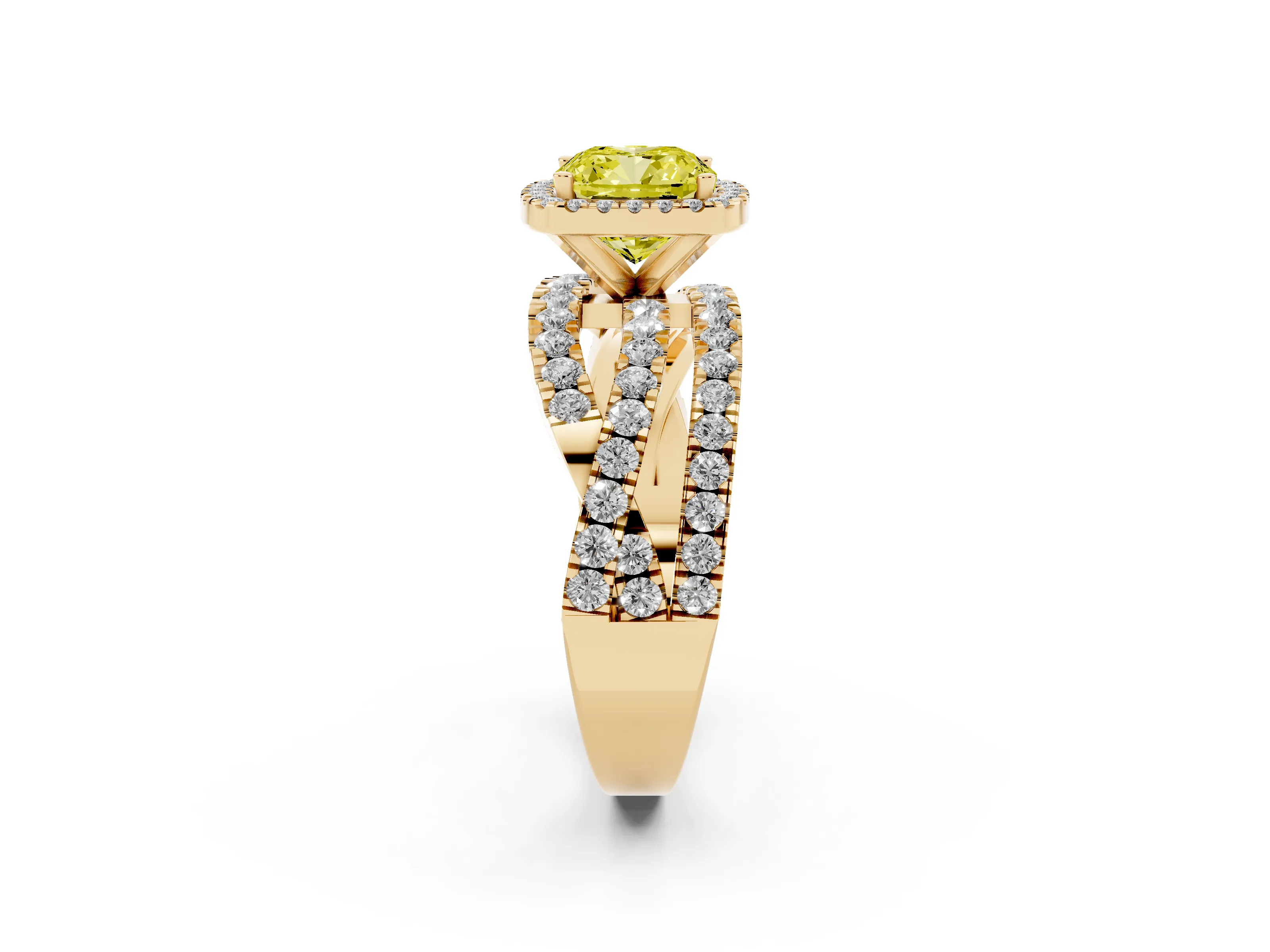 Fancy Yellow Cushion Cut Diamond Halo Ring Set in Yellow gold with Round Crossover Split Shank and Prong Setting