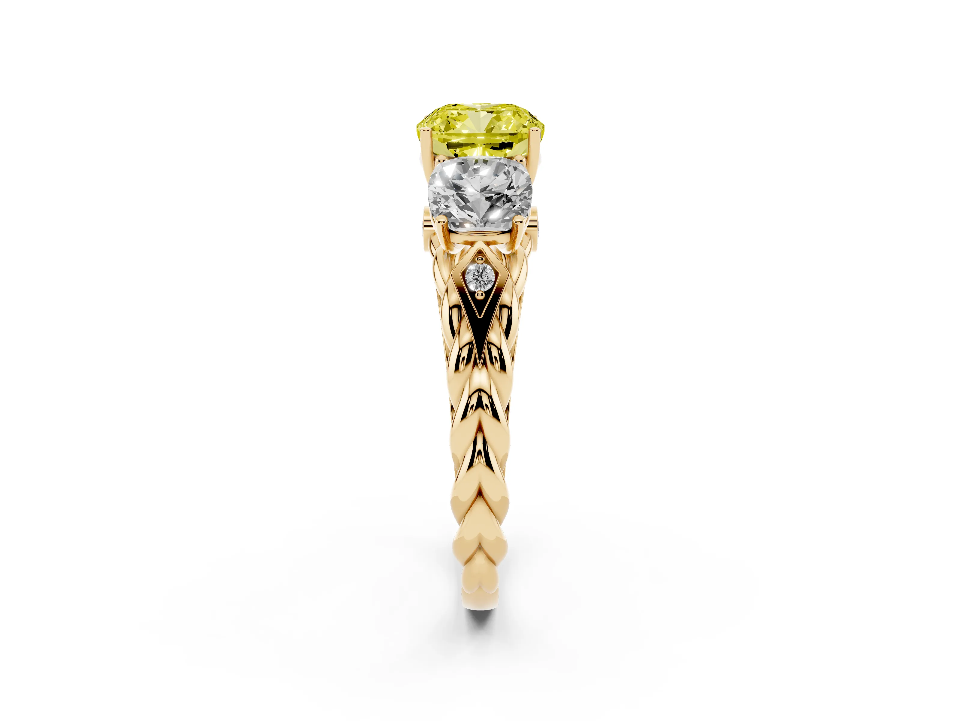 Fancy Yellow Cushion Cut Diamond Three-Stone Ring Set in Yellow gold with Braided Band