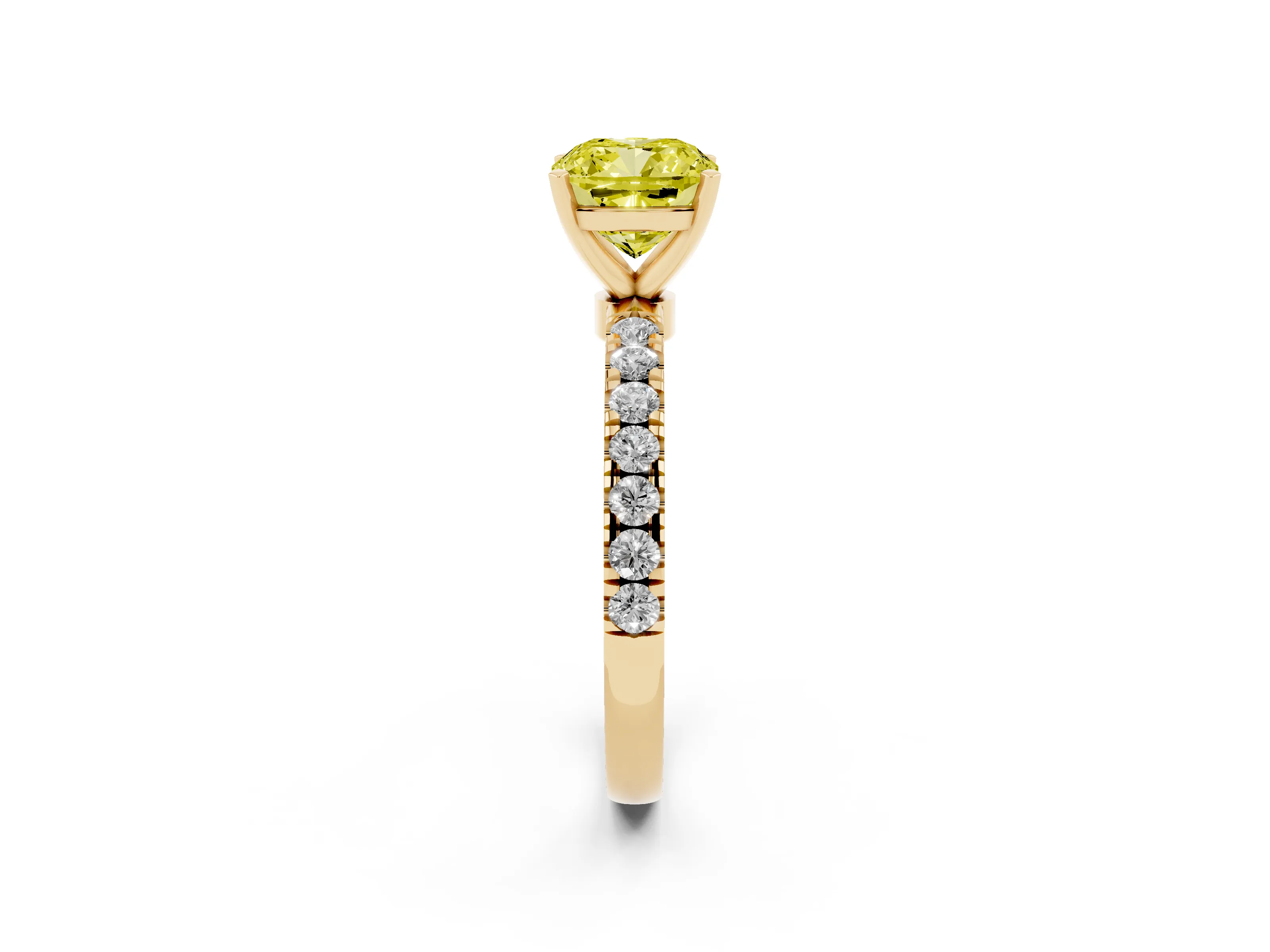 Fancy Yellow Cushion Cut Diamond Solitaire Ring Set in Yellow gold with Pavé Accents and Prong Setting