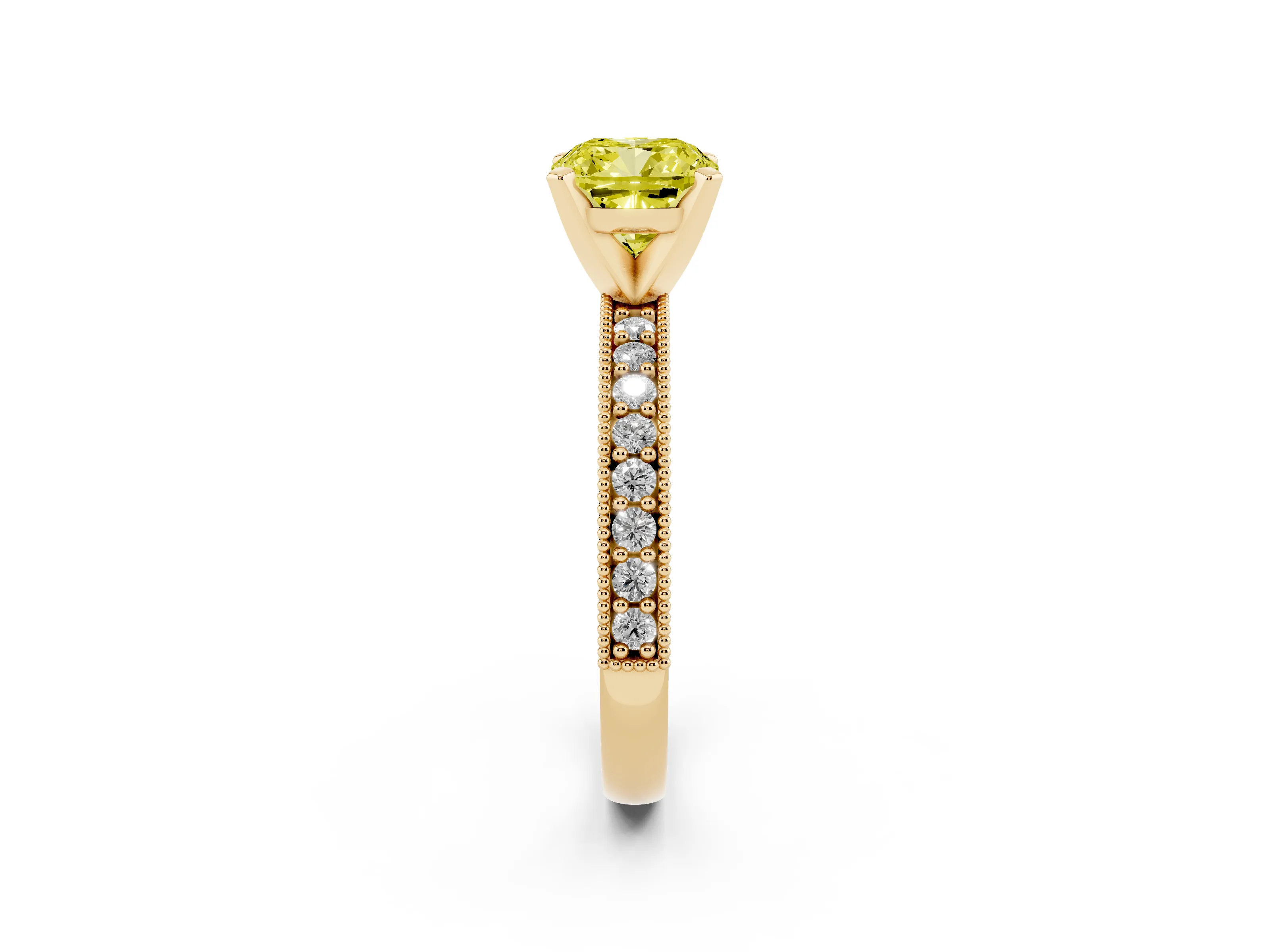 Fancy Yellow Cushion Cut Diamond Milgrain Pavé Engagement Ring Set in Yellow gold with Prong Setting