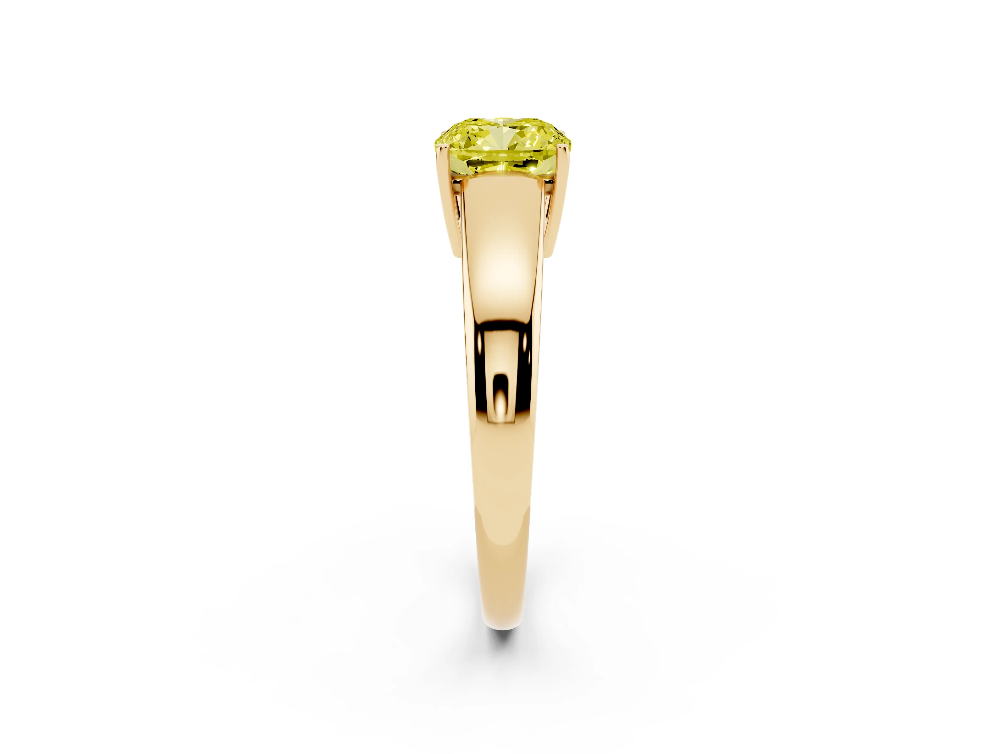 Fancy Yellow Cushion Cut Diamond Solitaire Ring Set in Yellow gold with Tapered Band and Prong Setting