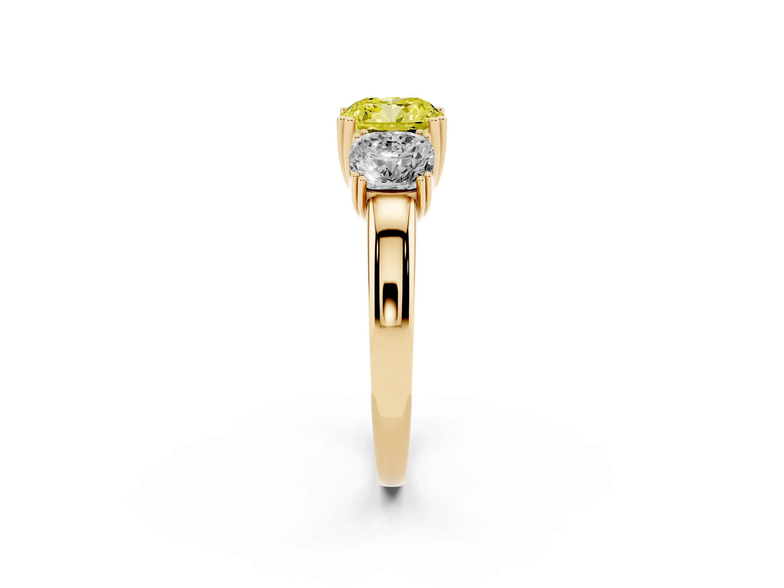 Fancy Yellow Cushion Cut Diamond Three-Stone Ring Set in Yellow gold with Polished Band and Prong Setting