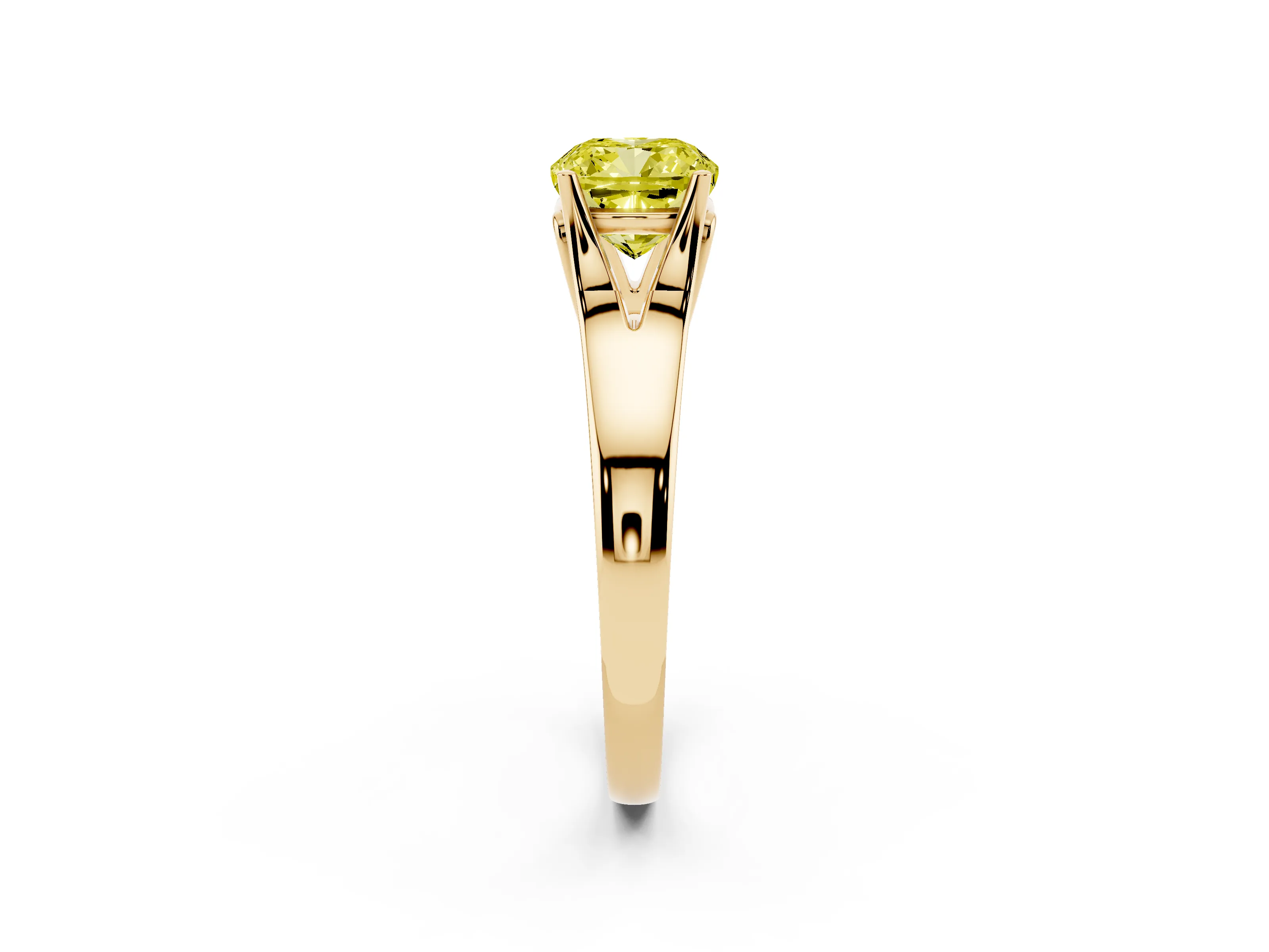 Fancy Yellow Cushion Cut Diamond Solitaire Ring Set in Yellow gold with Arched Cathedral Band and Prong Setting