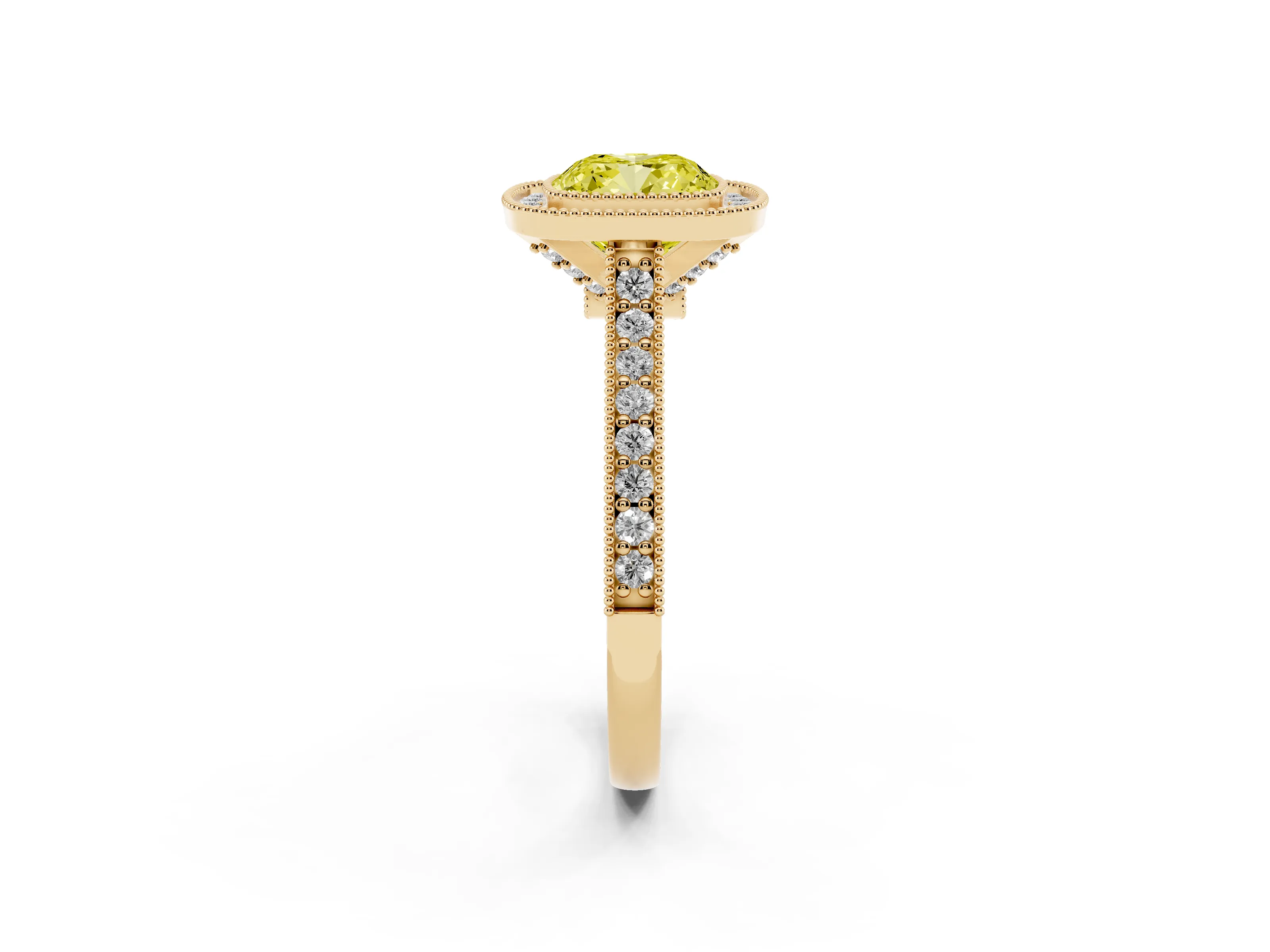 Fancy Yellow Cushion Cut Diamond Halo Milgrain Pavé Band Ring Set in Yellow gold with Prong Setting