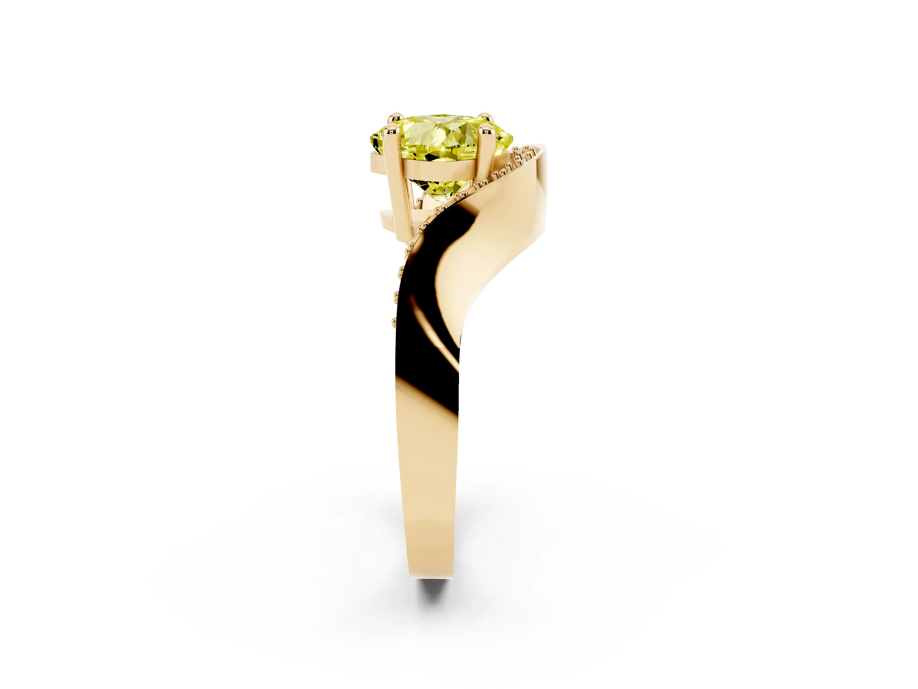 Fancy Yellow Cushion Cut Diamond Solitaire Engagement Ring Set in Yellow gold with Pavé Shoulders