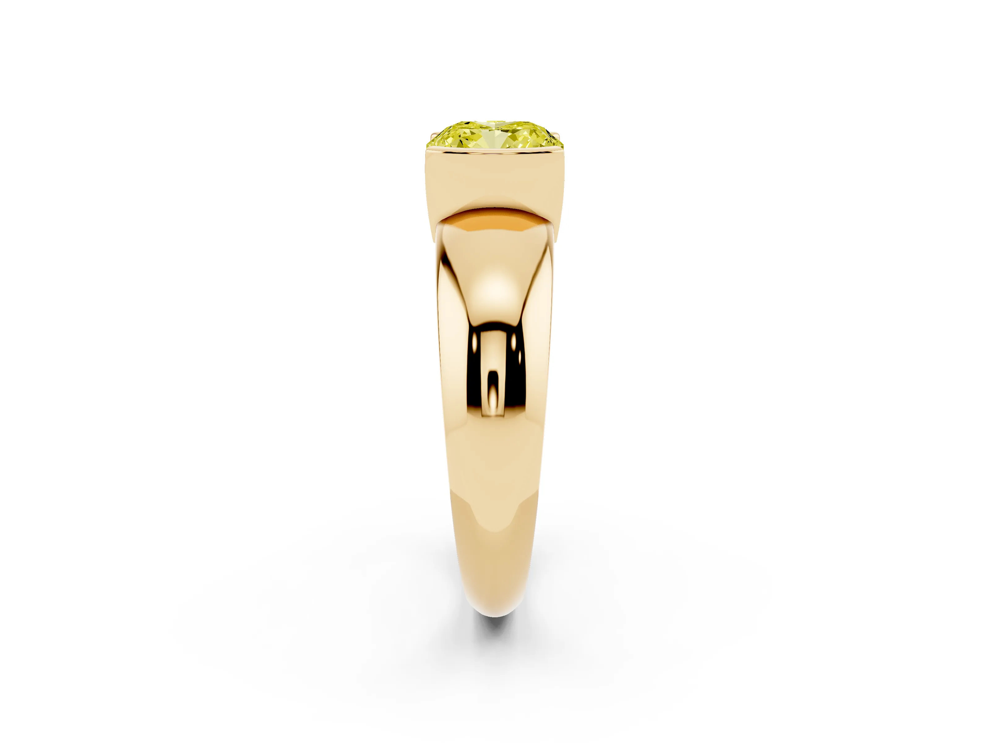 Fancy Yellow Cushion Cut Diamond Solitaire Tension Set Ring Set in Yellow gold with Wide Band