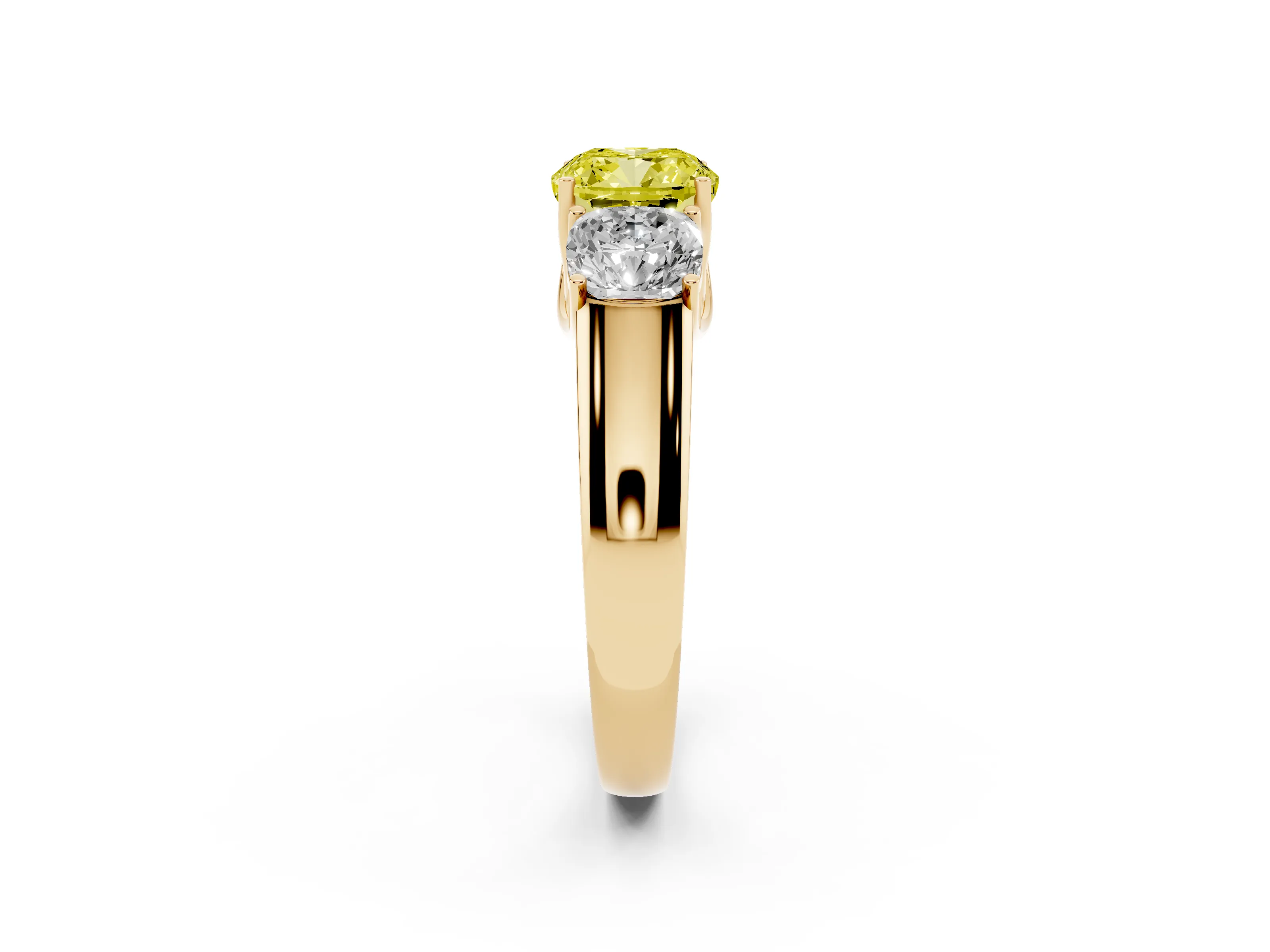 Fancy Yellow Three-Stone Cushion Cut Diamond Ring Set in Yellow gold with Matching Prong Settings and Plain Band