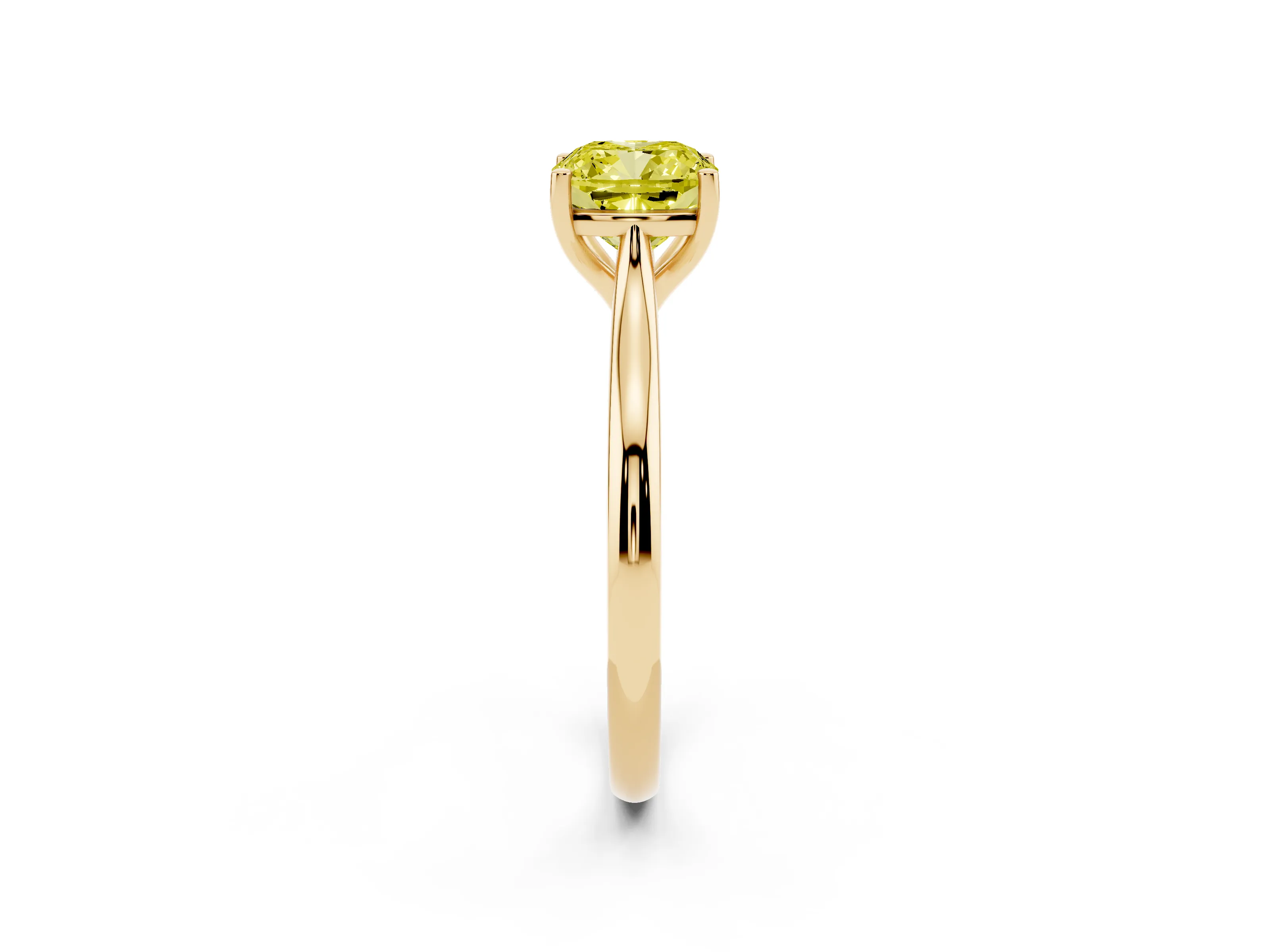 Fancy Yellow Cushion Cut Diamond Solitaire Ring Set in Yellow gold with Cathedral Band and Prong Setting