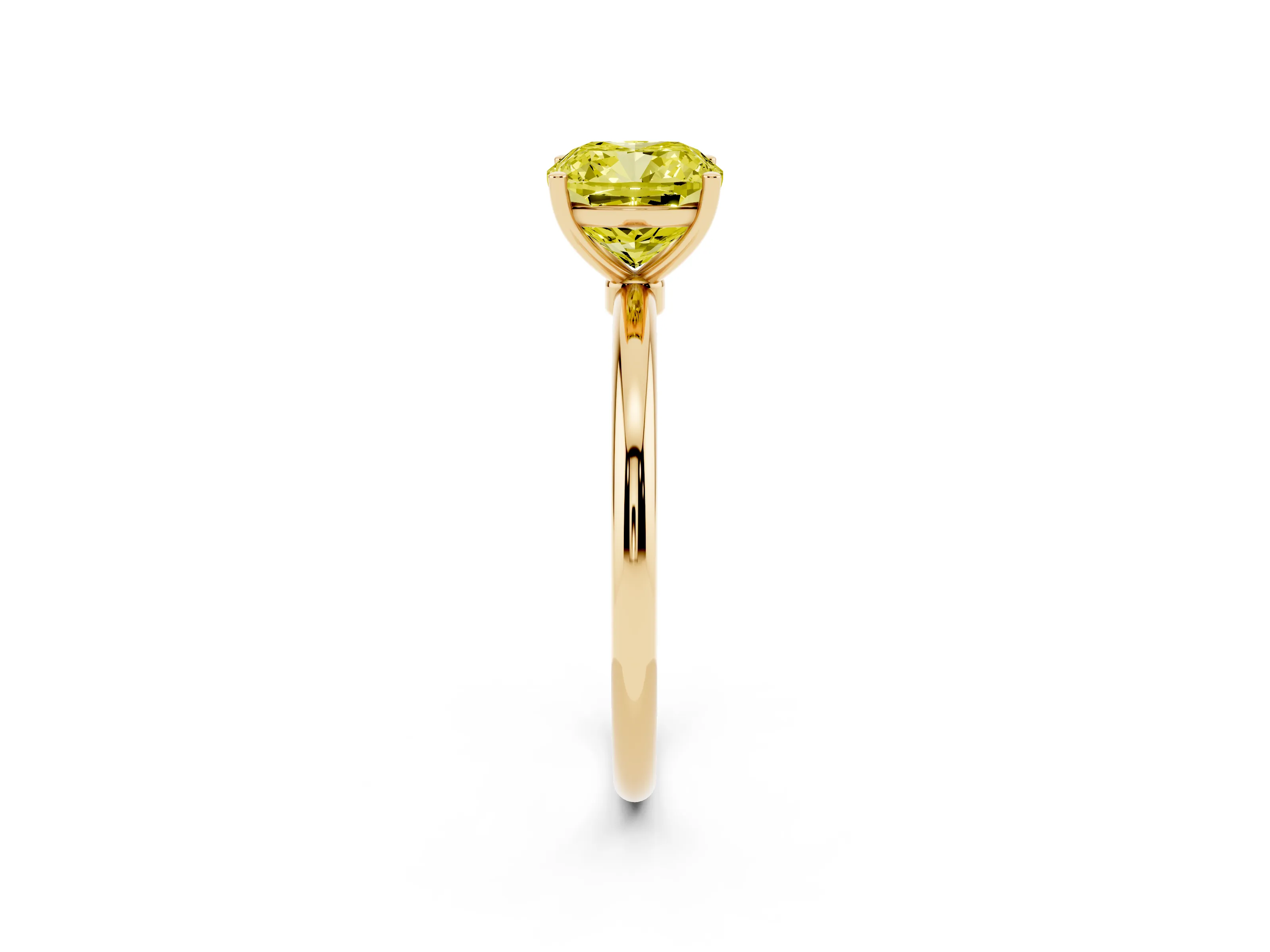 Fancy Yellow Cushion Cut Diamond Solitaire Engagement Ring Set in Yellow gold with Thin Band and Prong Setting