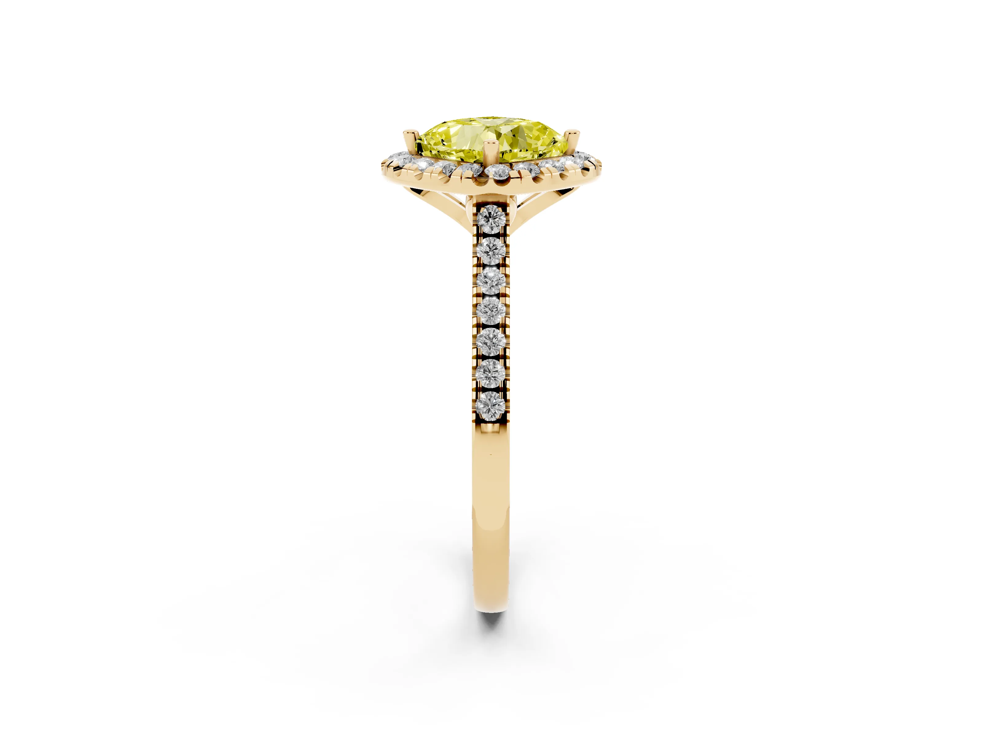 Fancy Yellow Cushion Cut Diamond Cushion Halo Ring Set in Yellow gold with Pavé Band
