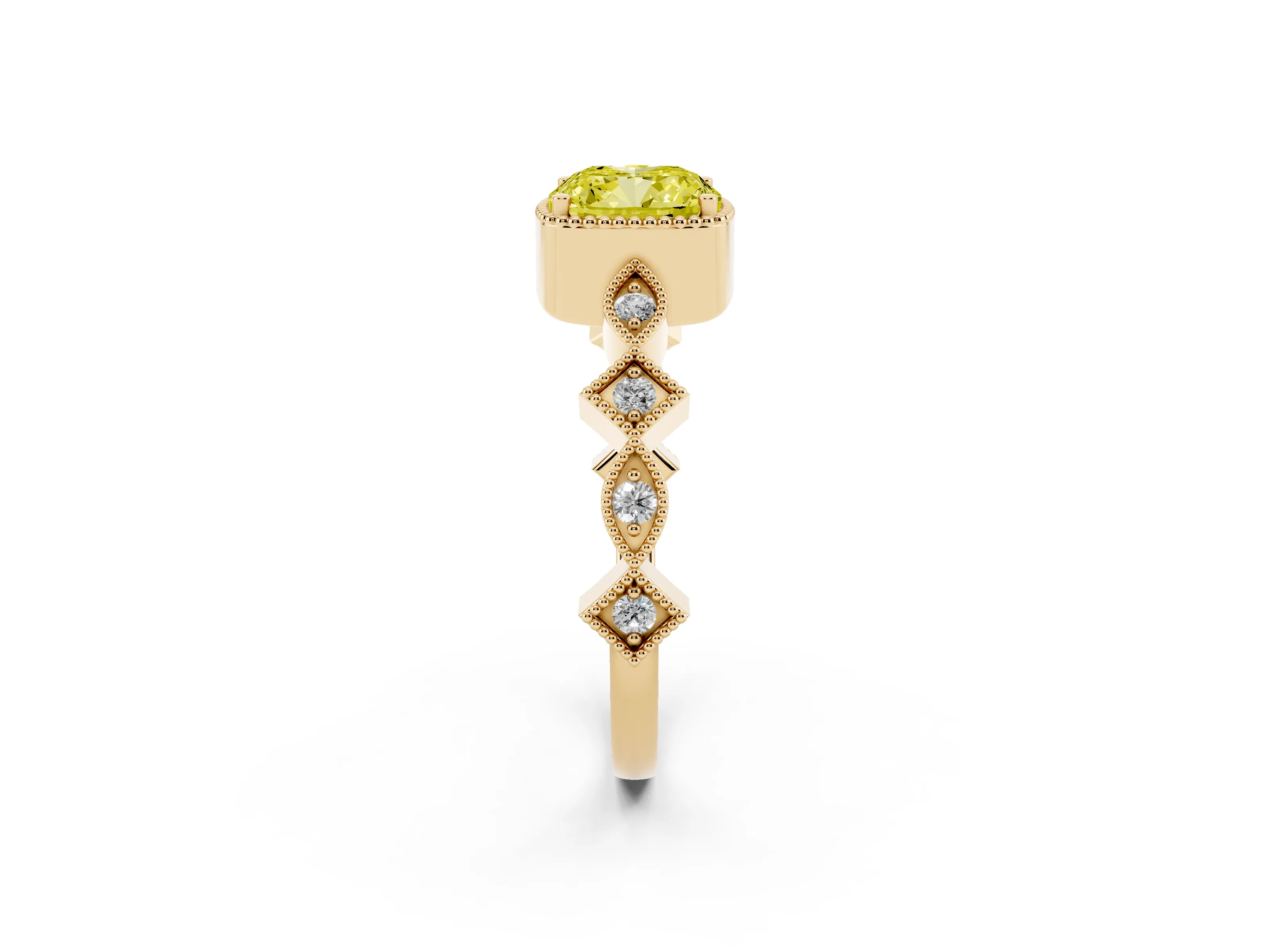 Fancy Yellow Cushion Cut Diamond Milgrain Marquise Twist Band Ring Set in Yellow gold with Prong Setting