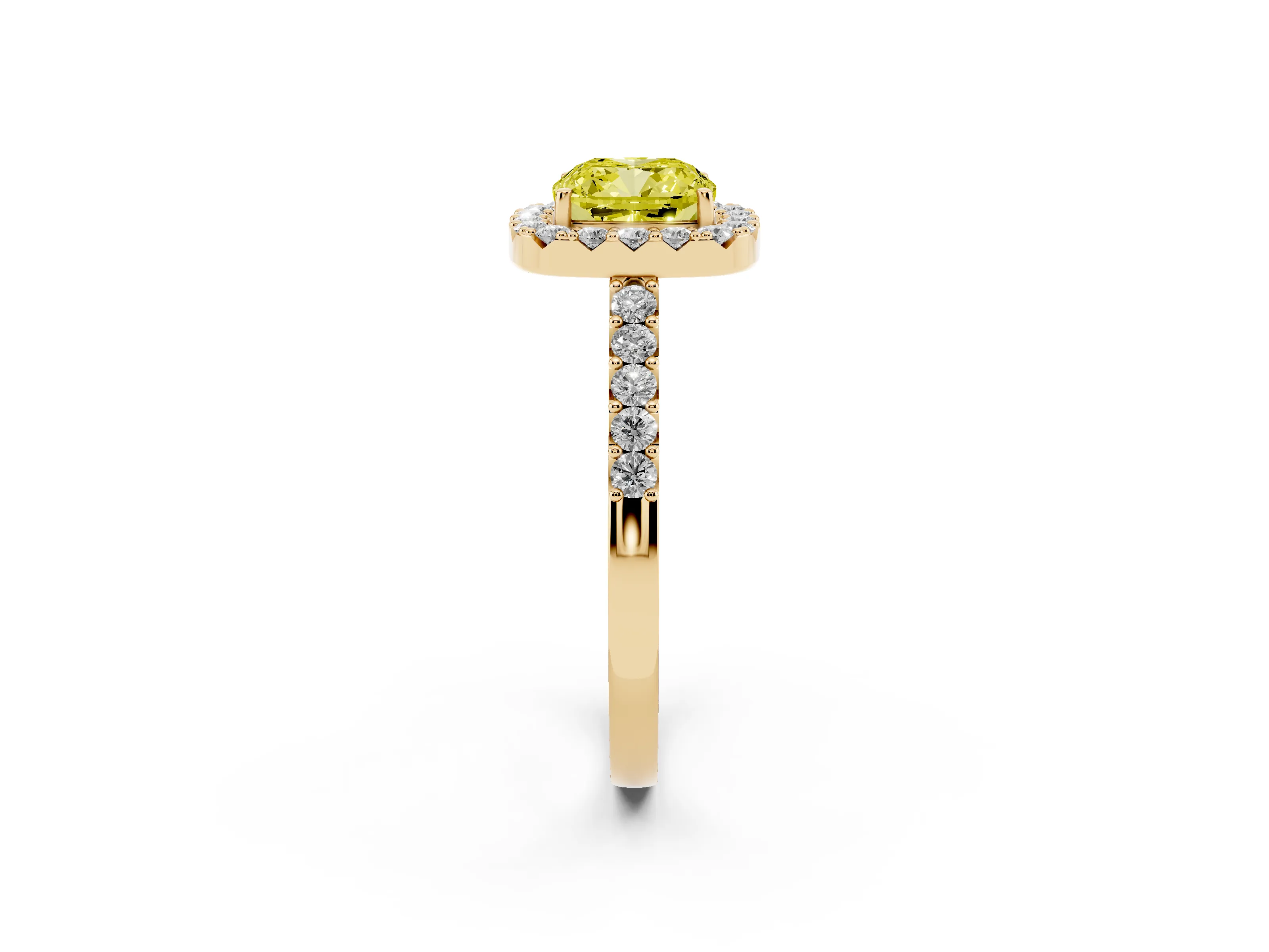Fancy Yellow Cushion Cut Diamond Halo Pavé Solitaire Ring Set in Yellow gold with Prong-Set Center Stone