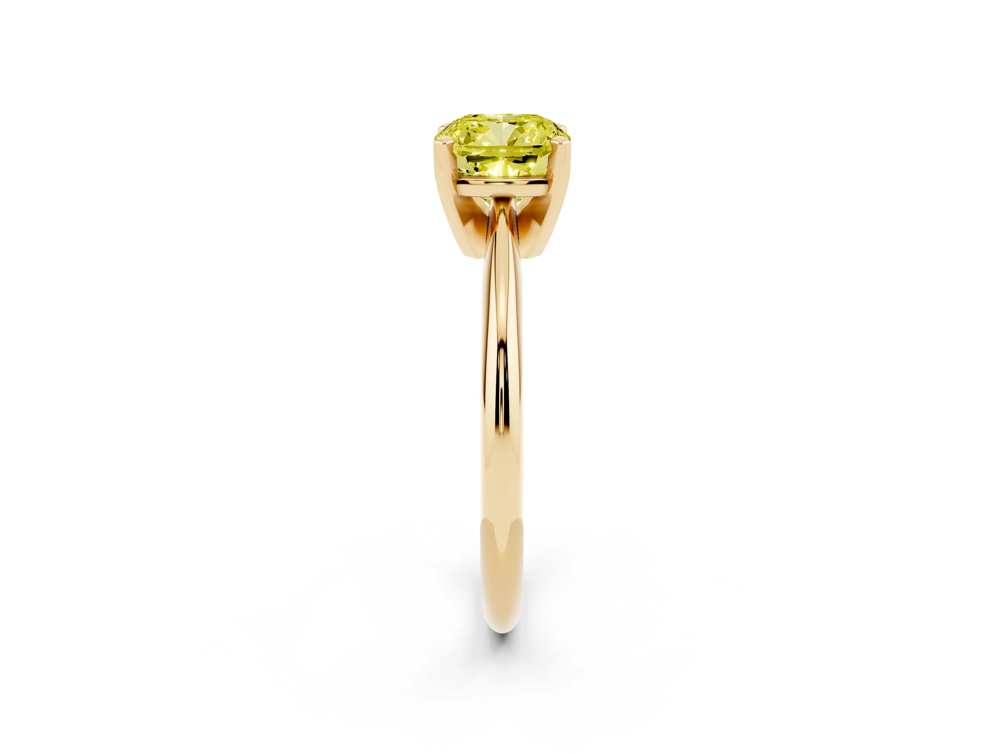 Fancy Yellow Cushion Cut Diamond Solitaire Ring Set in Yellow gold with Prong Setting on a Plain Round Band