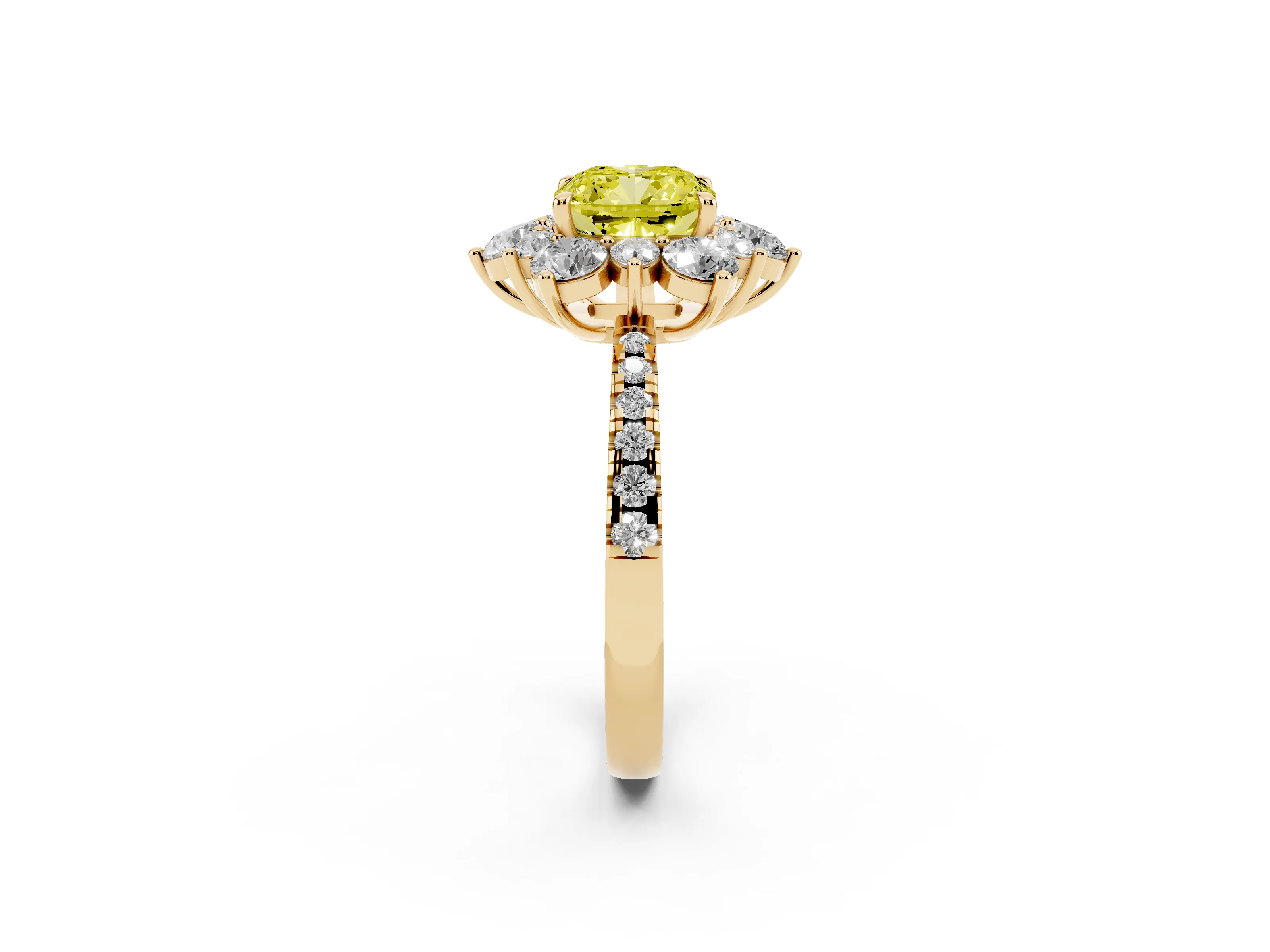 Fancy Yellow Cushion Cut Diamond Floral Halo Ring Set in Yellow gold with Round Pavé Band and Prong Setting