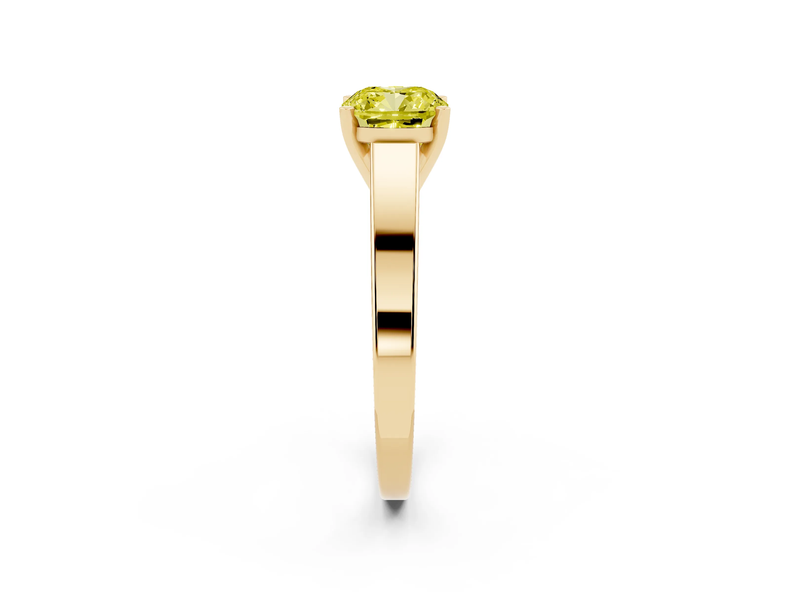 Fancy Yellow Cushion Cut Diamond Solitaire Engagement Ring Set in Yellow gold with Prong Setting and Tapered Band