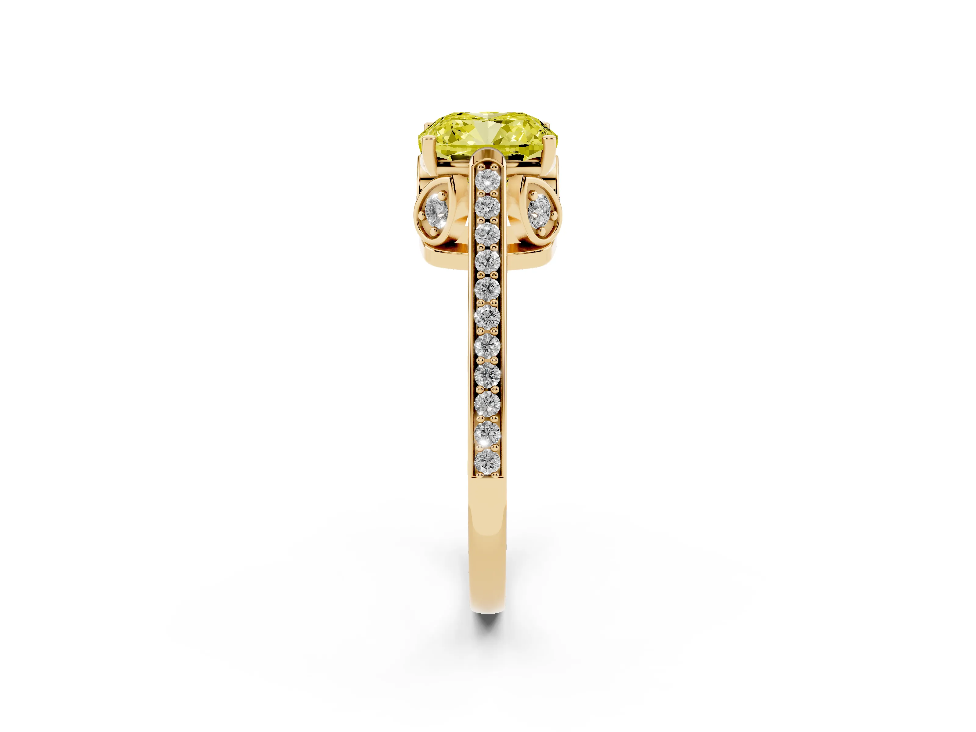 Fancy Yellow Cushion Cut Diamond Cathedral Pavé Engagement Ring Set in Yellow gold with Prong Setting