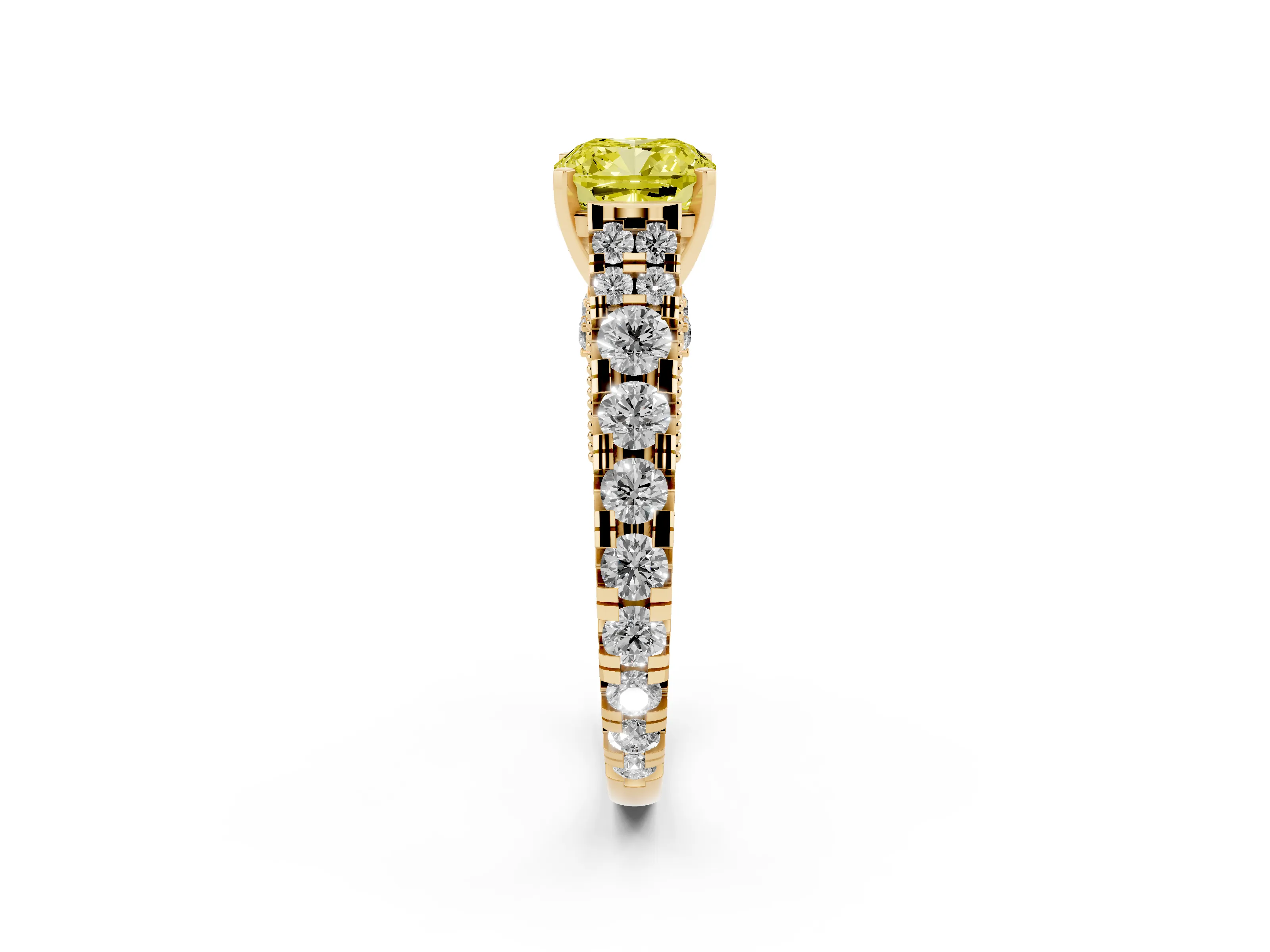 Fancy Yellow Cushion Cut Diamond Classic Solitaire Ring Set in Yellow gold with Pavé Band and Prong Setting