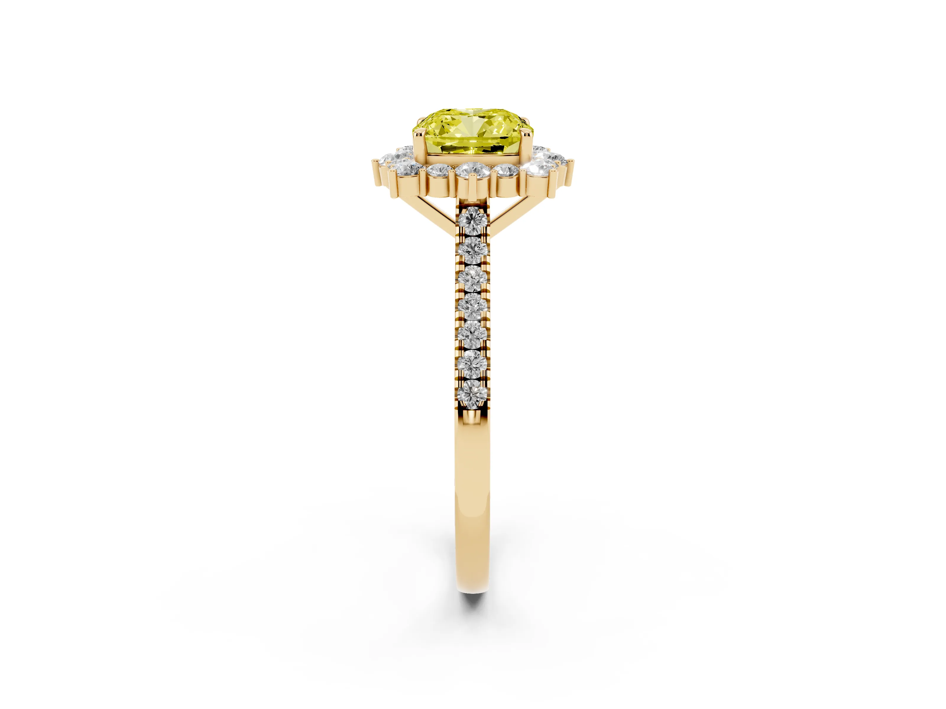 Fancy Yellow Cushion Cut Diamond Halo Ring Set in Yellow gold with Pavé Band and Prong Setting