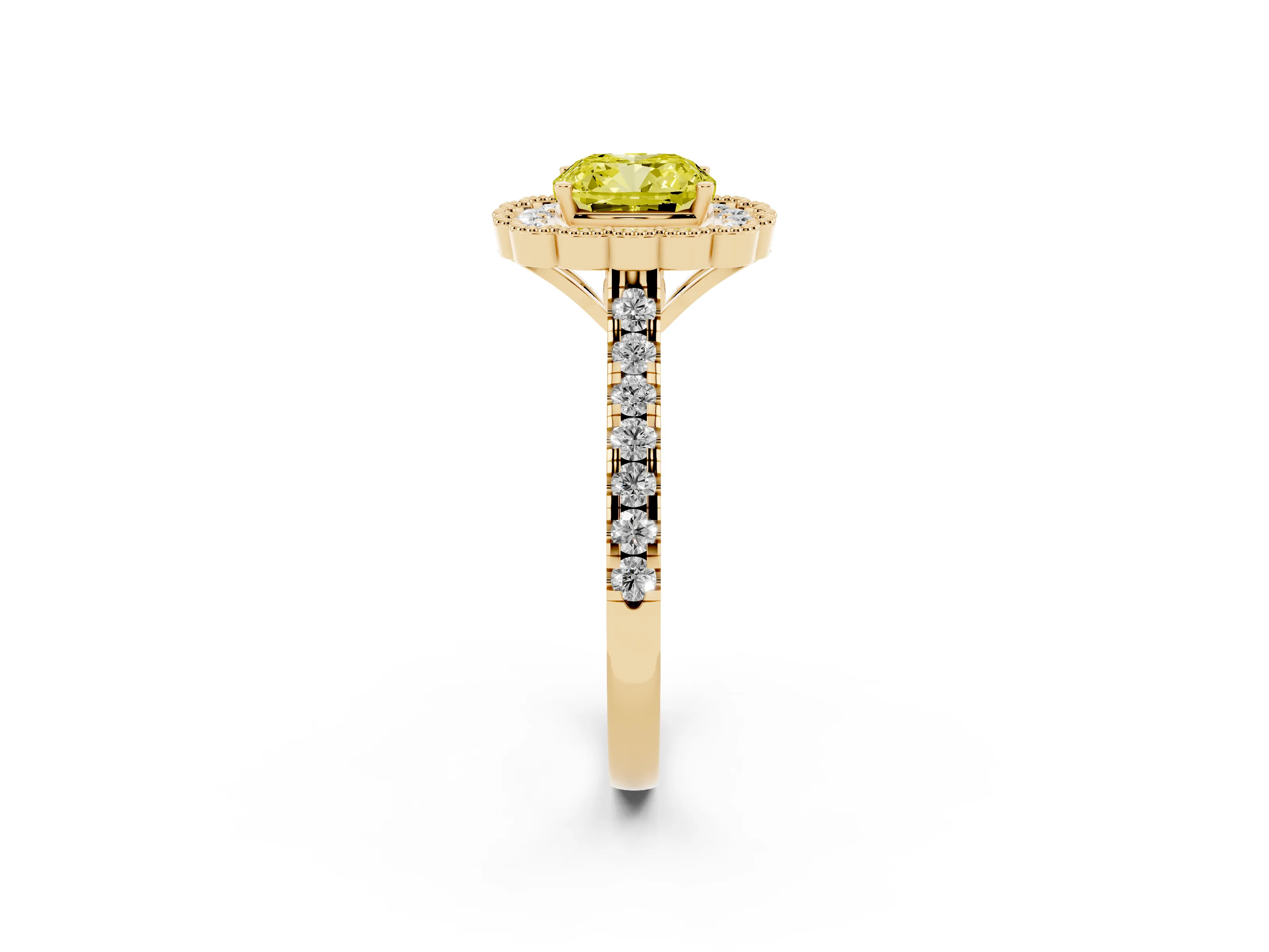 Fancy Yellow Cushion Cut Diamond Milgrain Floral Halo Engagement Ring Set in Yellow gold with Pavé Band