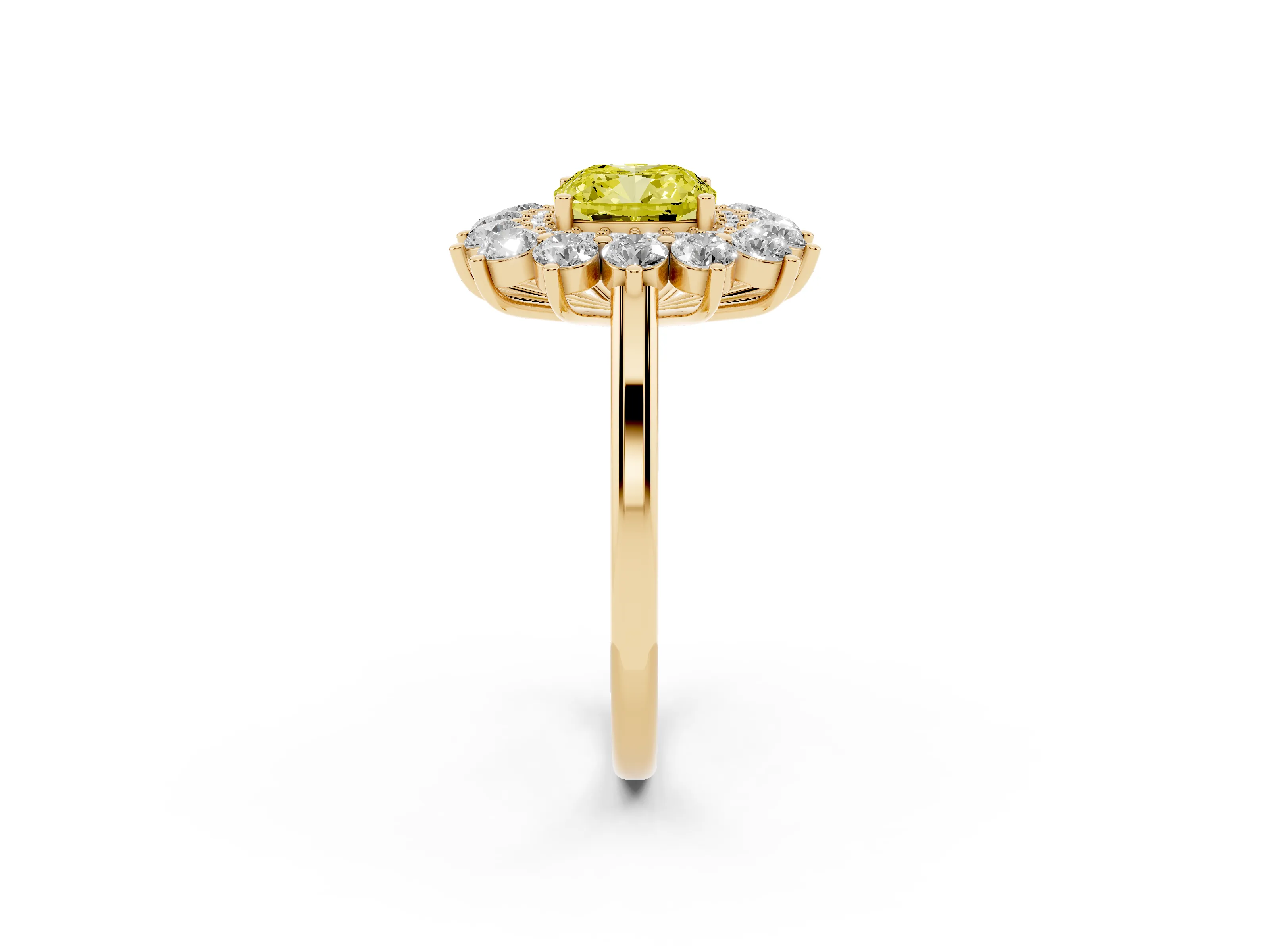Fancy Yellow Cushion Cut Diamond Floral Double Halo Ring Set in Yellow gold with Round Petals
