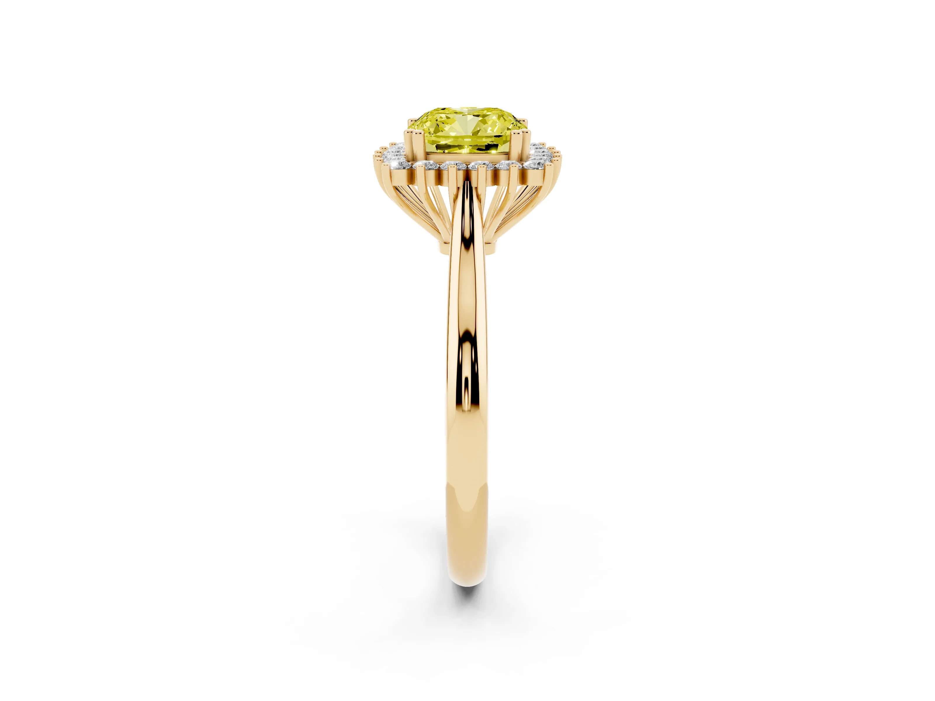 Fancy Yellow Cushion Cut Diamond Halo Ring Set in Yellow gold with Plain Solitaire Band and Prong Setting