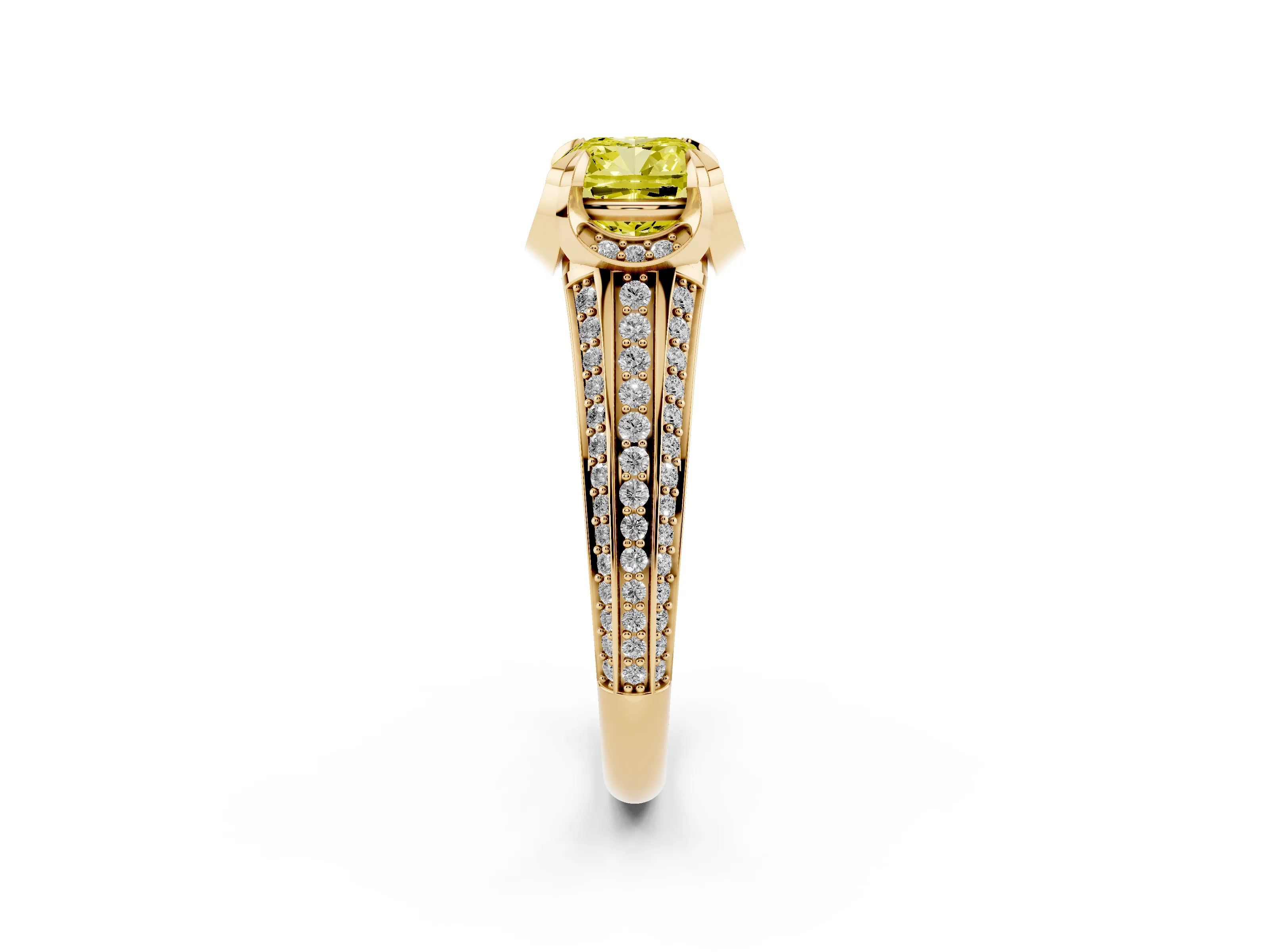 Fancy Yellow Cushion Cut Diamond Pavé Split Shank Solitaire Ring Set in Yellow gold with Prong Setting