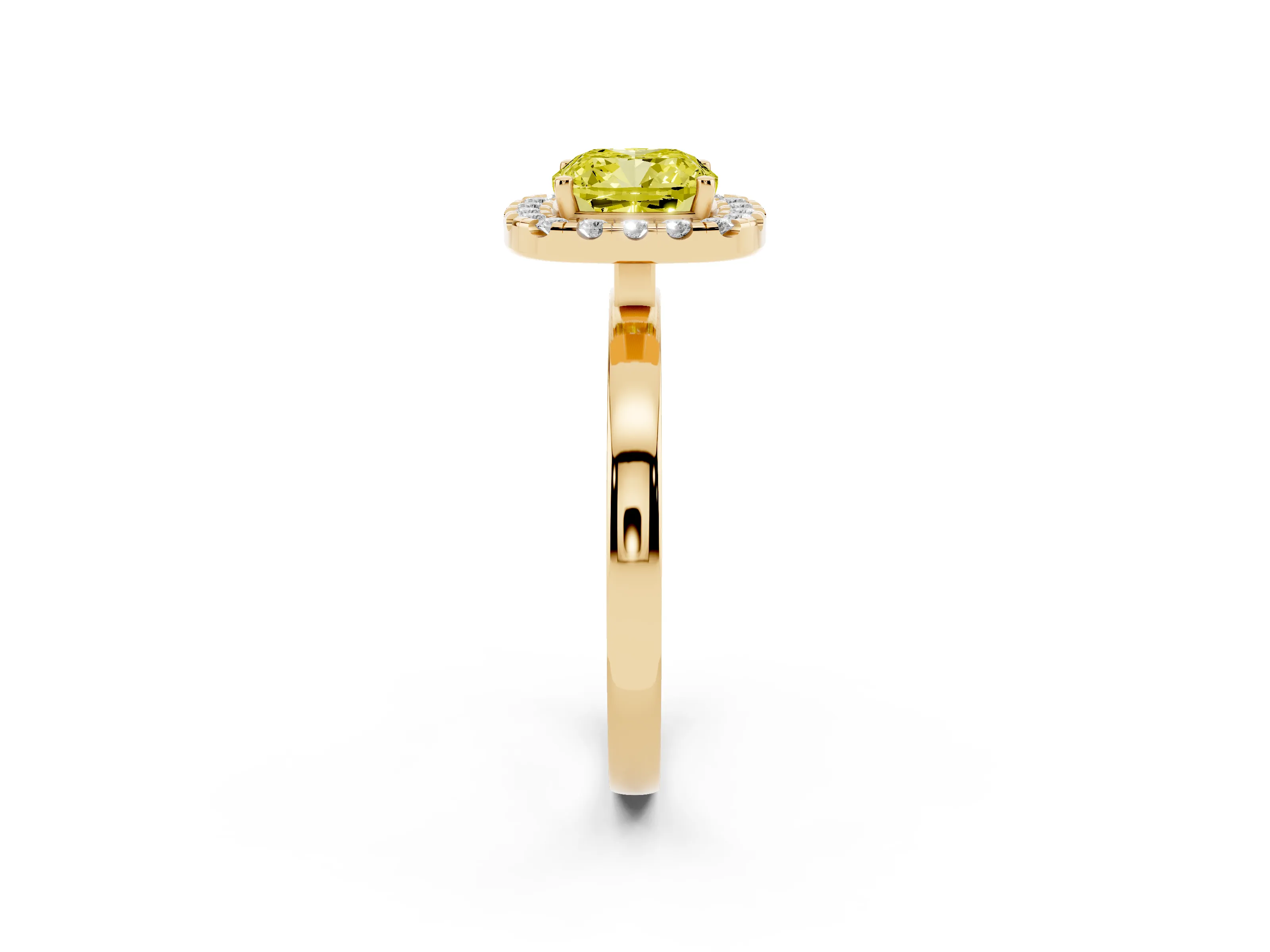 Fancy Yellow Cushion Cut Diamond Halo Solitaire Ring Set in Yellow gold with Pavé Band and Prong Setting