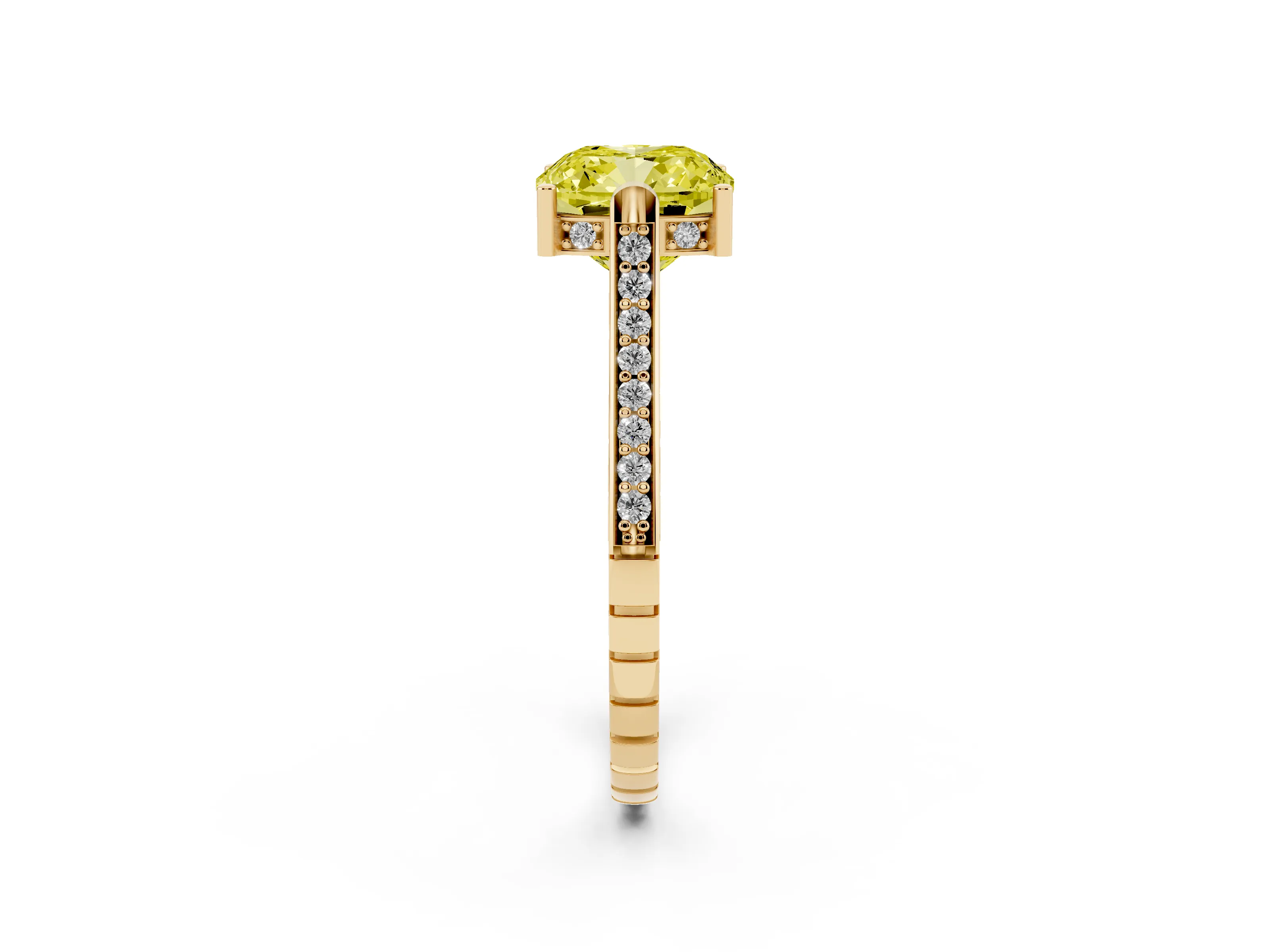 Fancy Yellow Cushion Cut Diamond Solitaire Ring Set in Yellow gold with Channel Set Band and Bezel Prong Setting