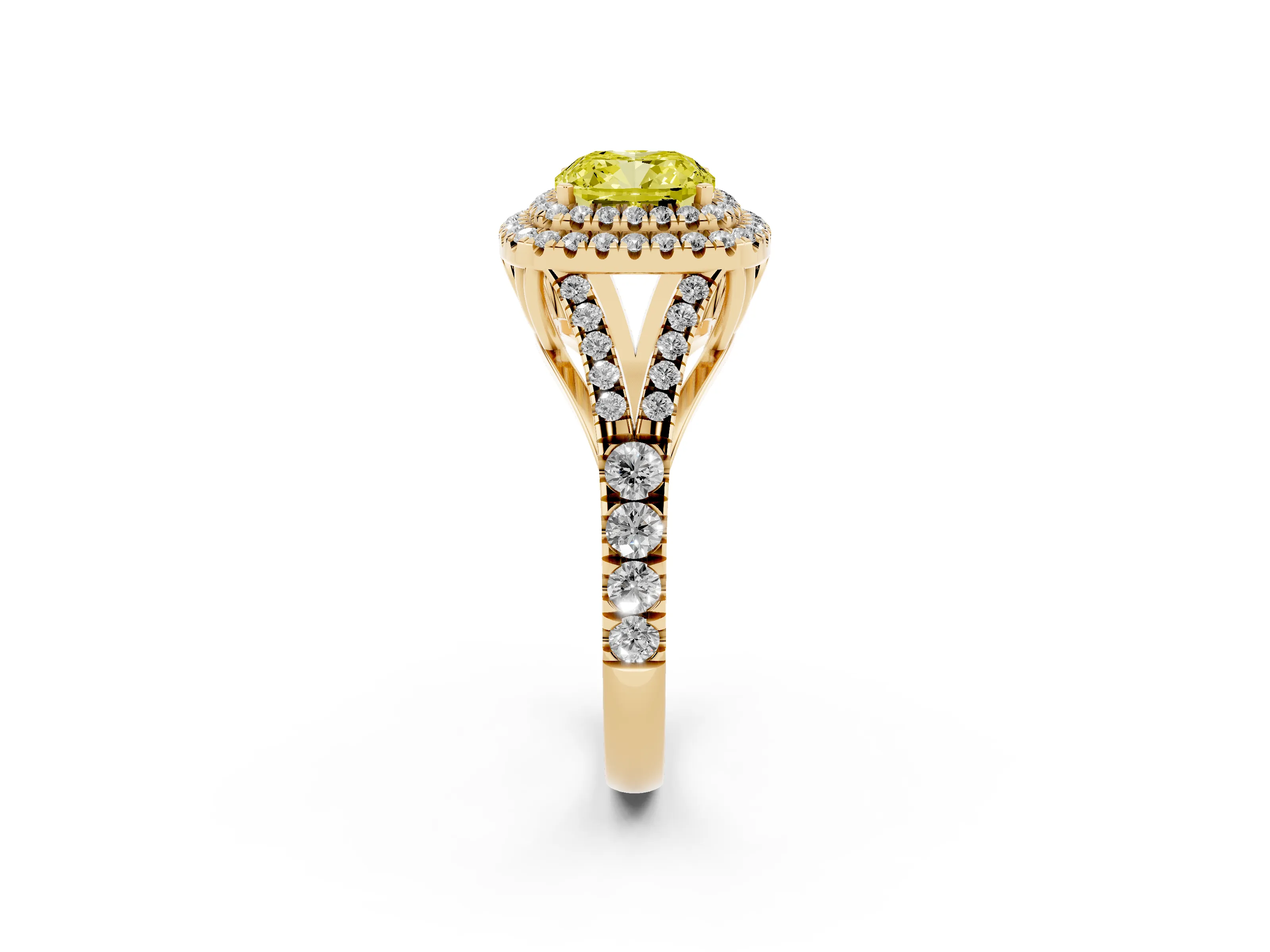 Fancy Yellow Cushion Cut Diamond Pavé Split Shank Double Halo Engagement Ring Set in Yellow gold