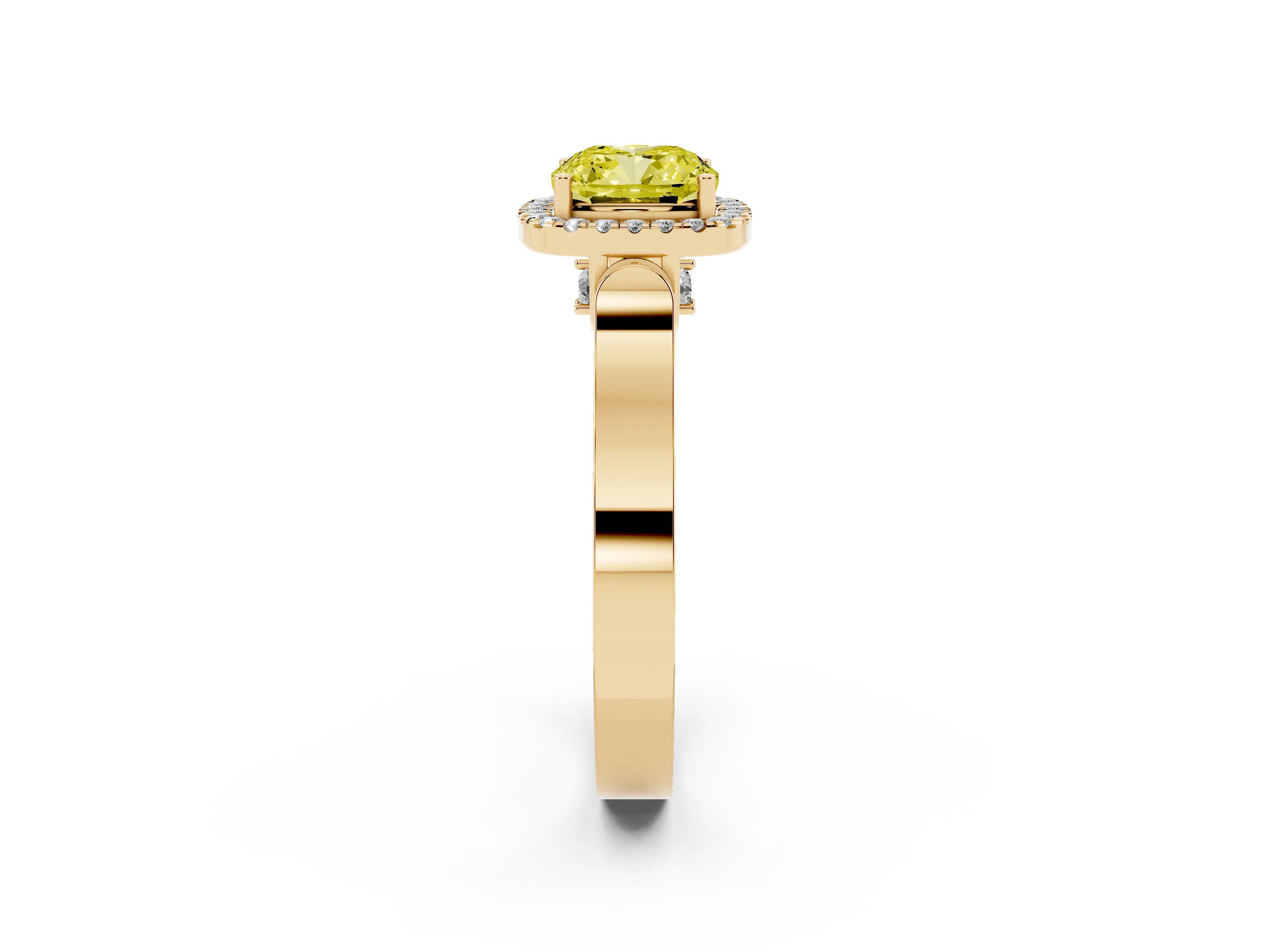 Fancy Yellow Cushion Cut Diamond Halo Ring Set in Yellow gold with Pavé-Lined Split Shank Band