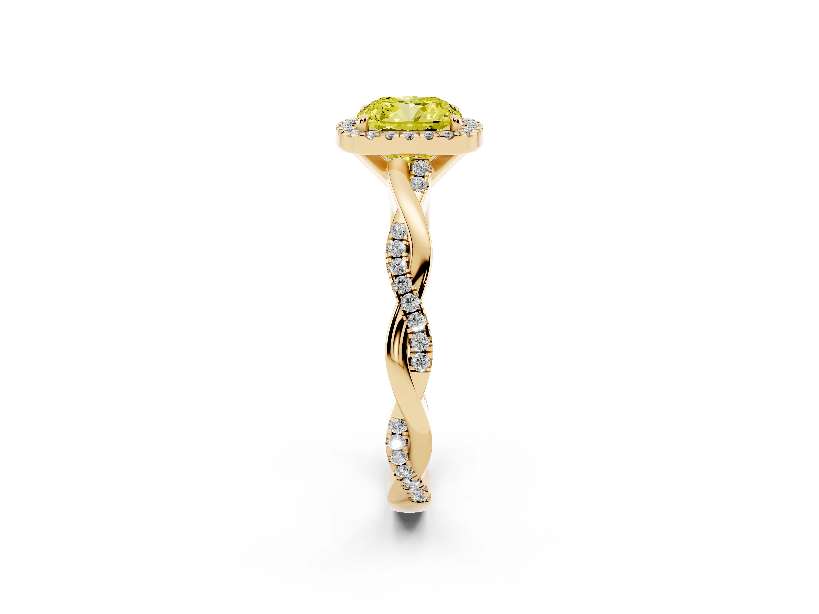 Fancy Yellow Cushion Cut Diamond Halo Twisted Band Ring Set in Yellow gold with Prong Setting